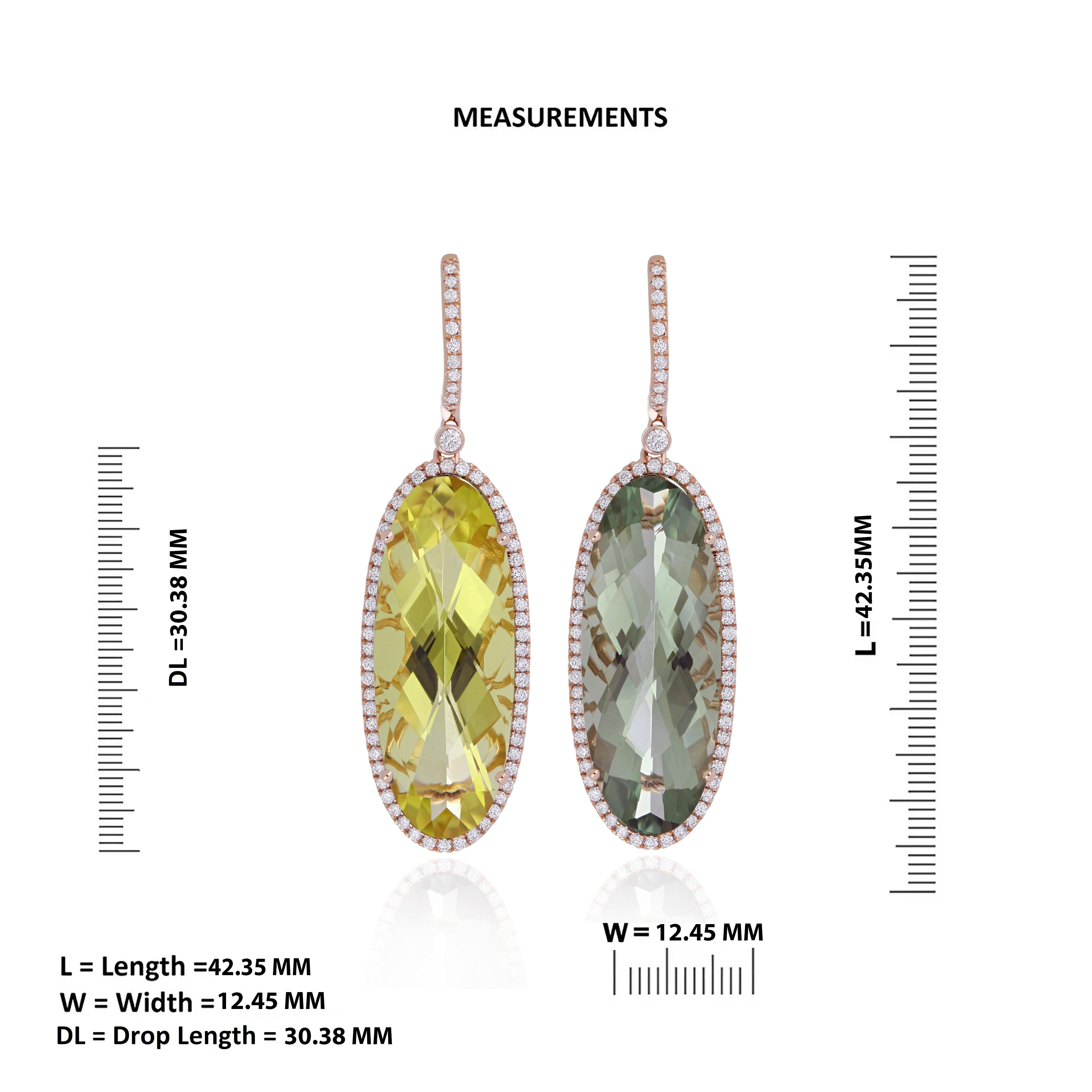 Oval Cut 21.71 Cts Lemon Citrine, Mint Quartz & Diamond 14K Rose Gold Mismatched Earring  For Sale