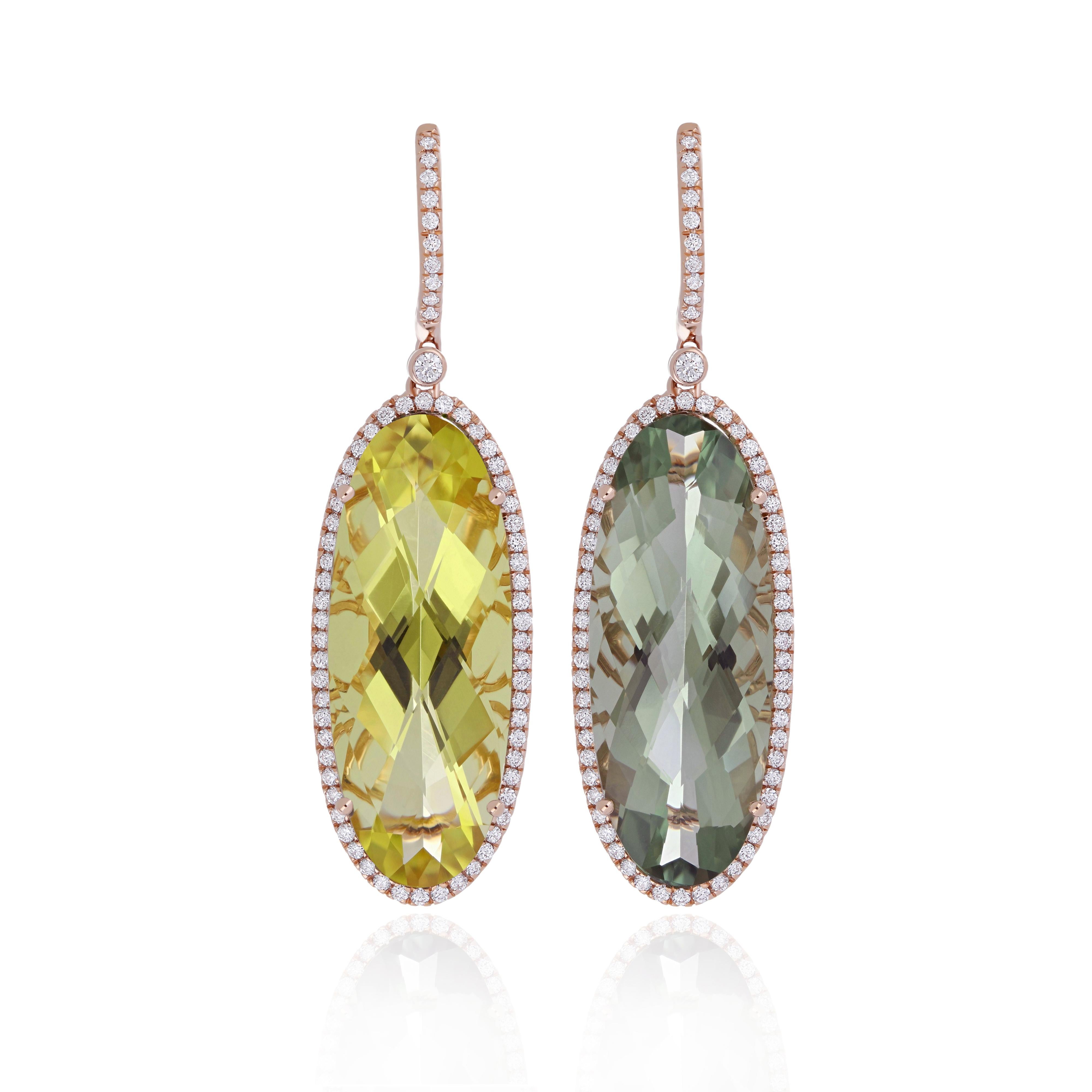 21.71 Cts Lemon Citrine, Mint Quartz & Diamond 14K Rose Gold Mismatched Earring  In New Condition For Sale In JAIPUR, IN