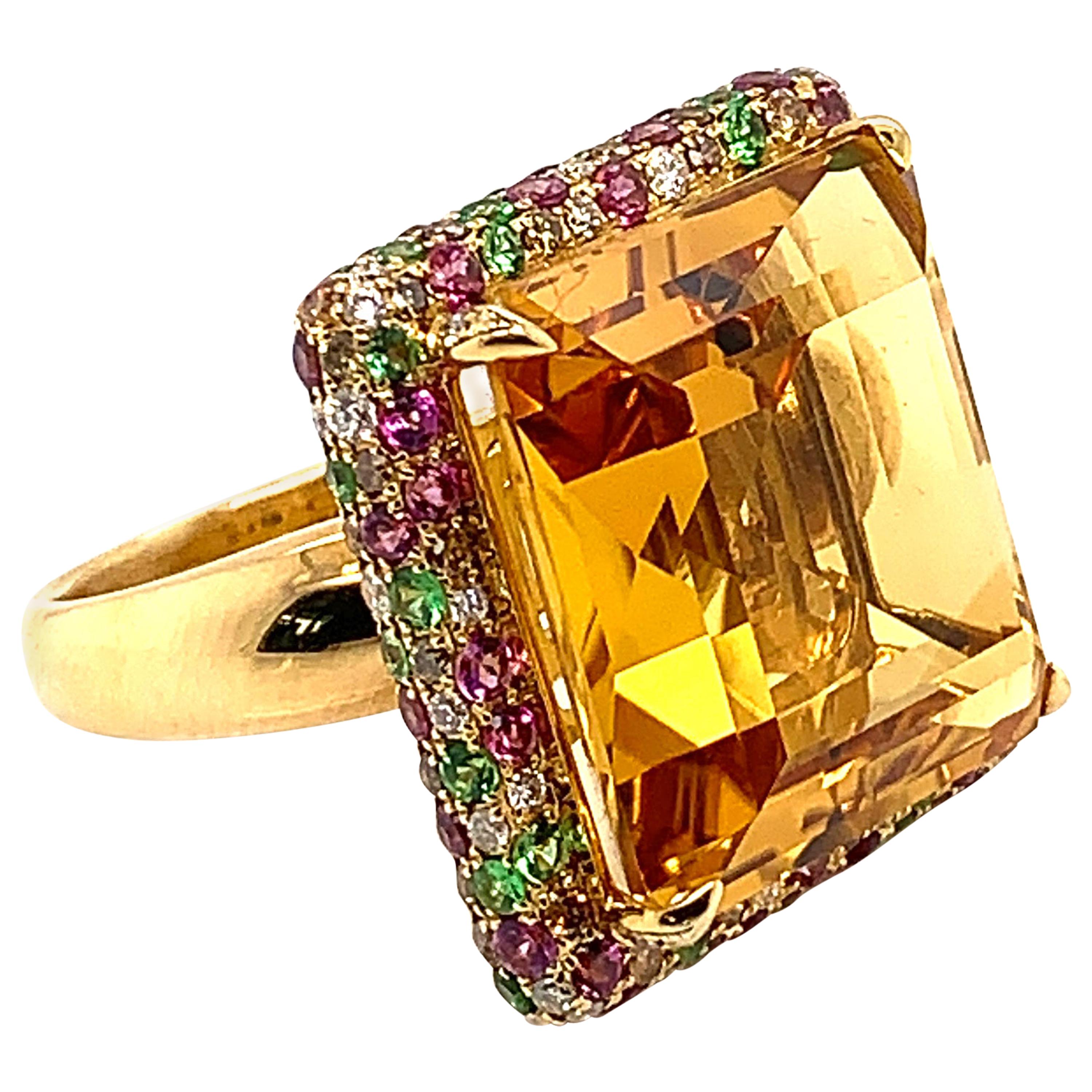 21.73 Carat Octagon Shaped Honey Quartz Ring in 18 Karat Gold with Diamonds