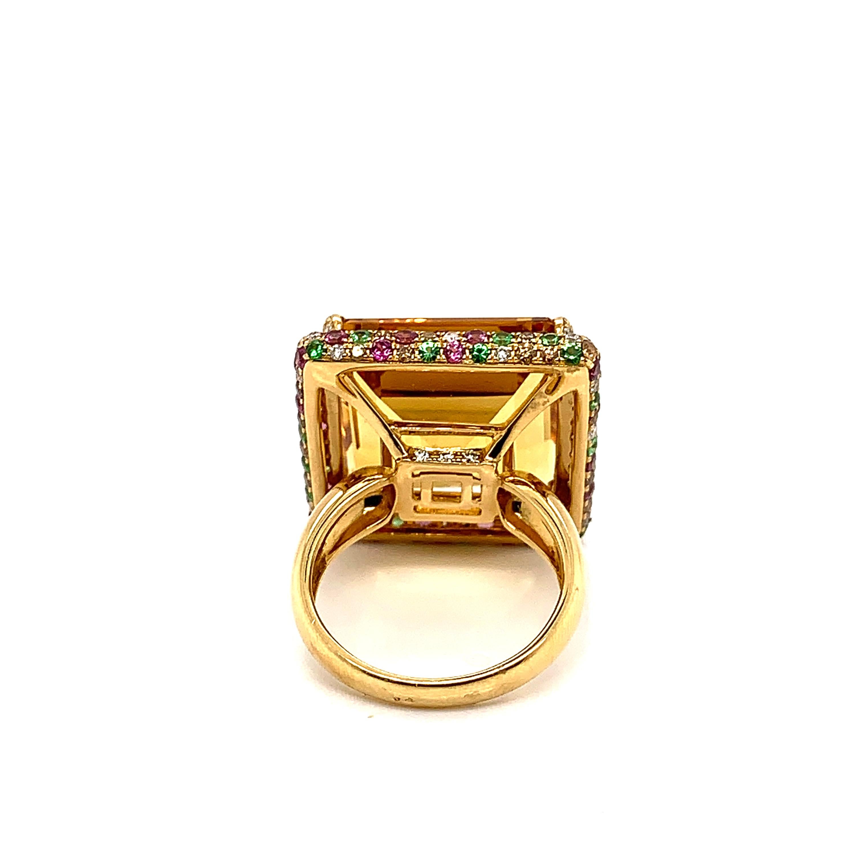Emerald Cut 21.73 Carat Octagon Shaped Honey Quartz Ring in 18 Karat Gold with Diamonds