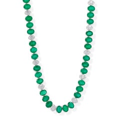 21.7 Ct Zambian Emerald Tennis Chain Necklace 1.27ct SI/H Diamond 18k White Gold