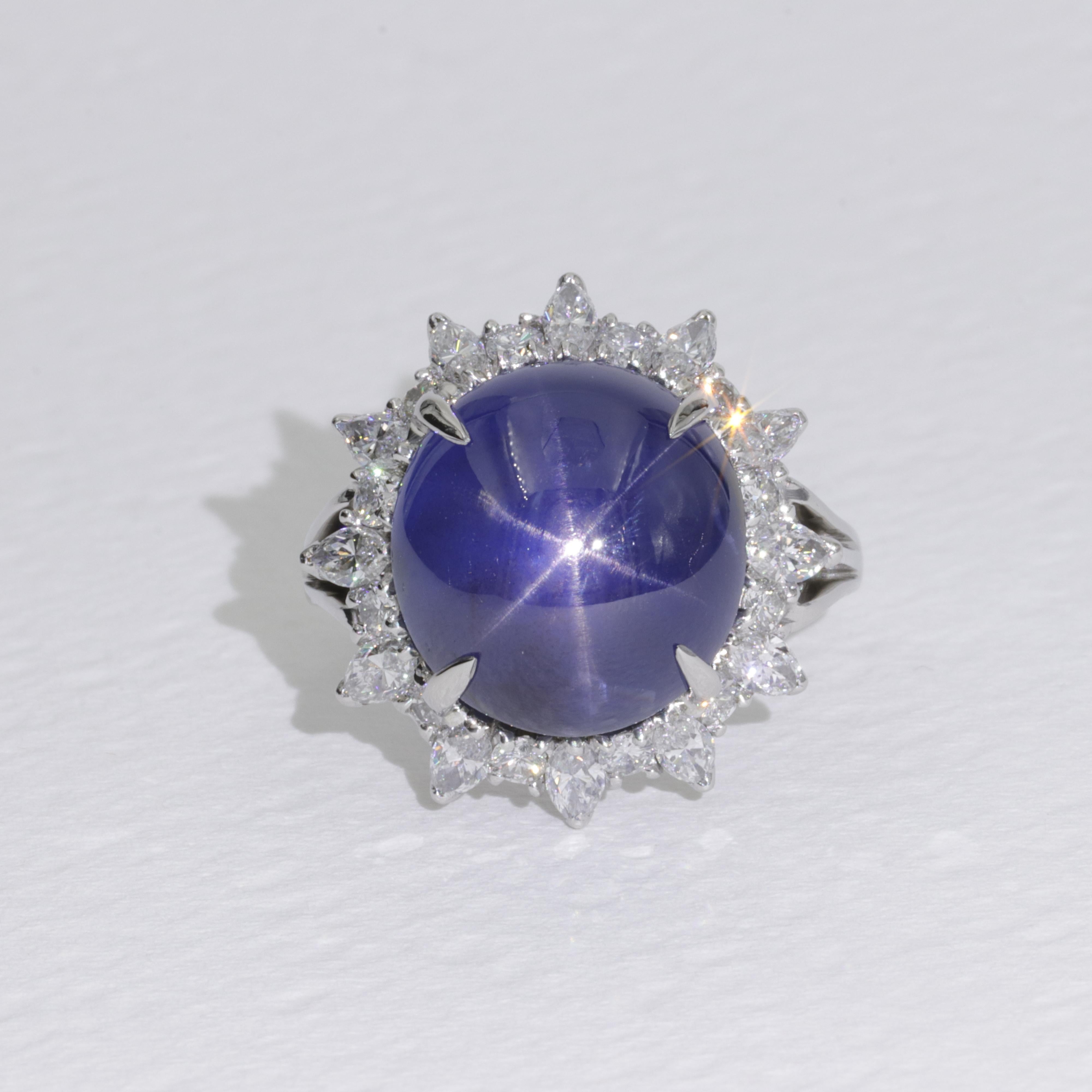 A.G.L. 21.74ct Burma No Heat Star Sapphire in Platinum Ring by Shreve, Crump and Low, one of Americas Oldest Jewelers Founded in 1796

Sapphire 
   Weight - 21.74ct
   Shape - Cabochon
   Color - Royal Blue 
   Treatment - No treatments 
   Origin -
