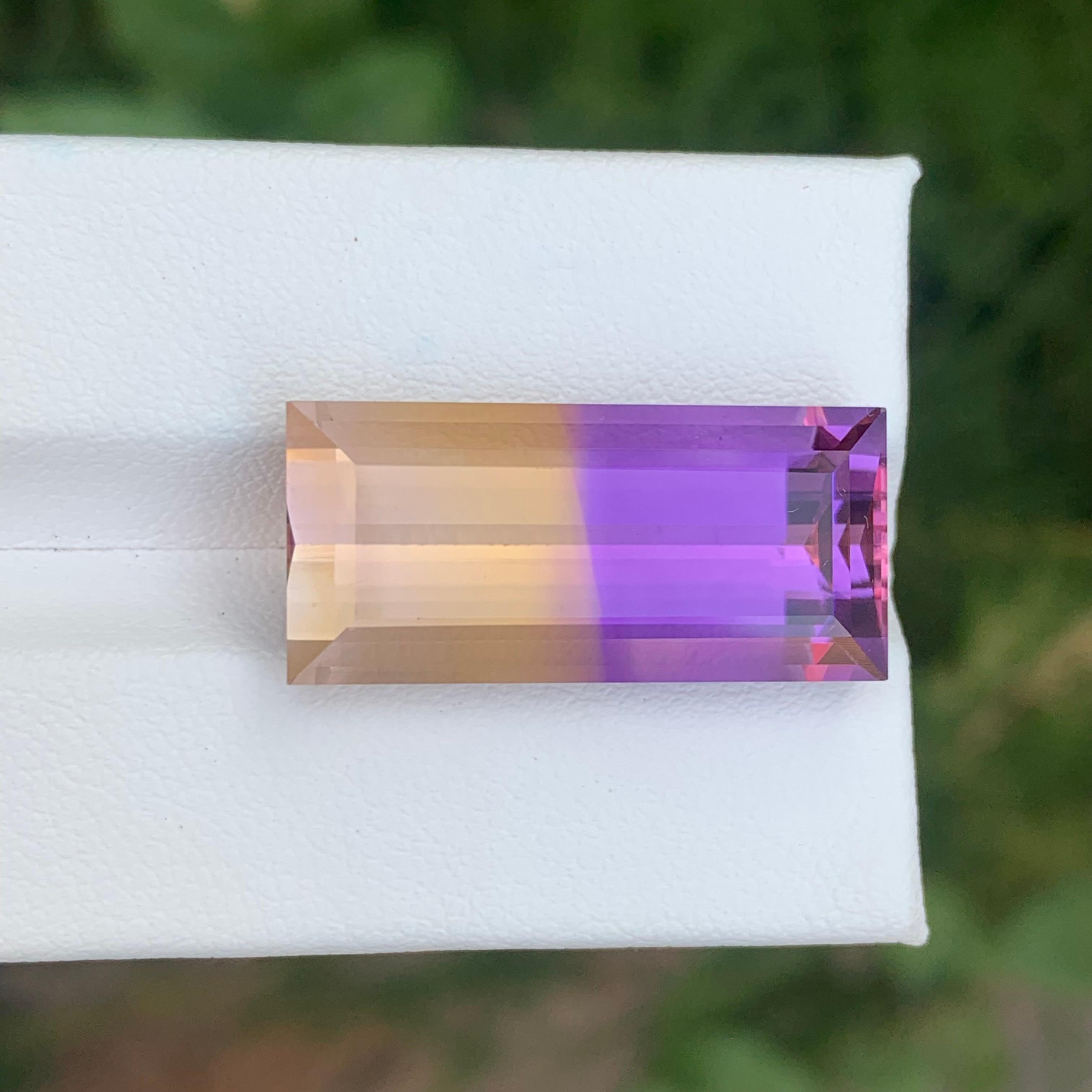 Faceted Ametrine

Weight: 21.75 Carats
Dimension: 25 x 11.5 x 9.2 Mm
Shape: Rectangular 
Color: Purple & Yellow
Treatment: Non
Certificate: On Client Demand
.
Ametrine is a unique and striking gemstone that combines both amethyst and citrine in a