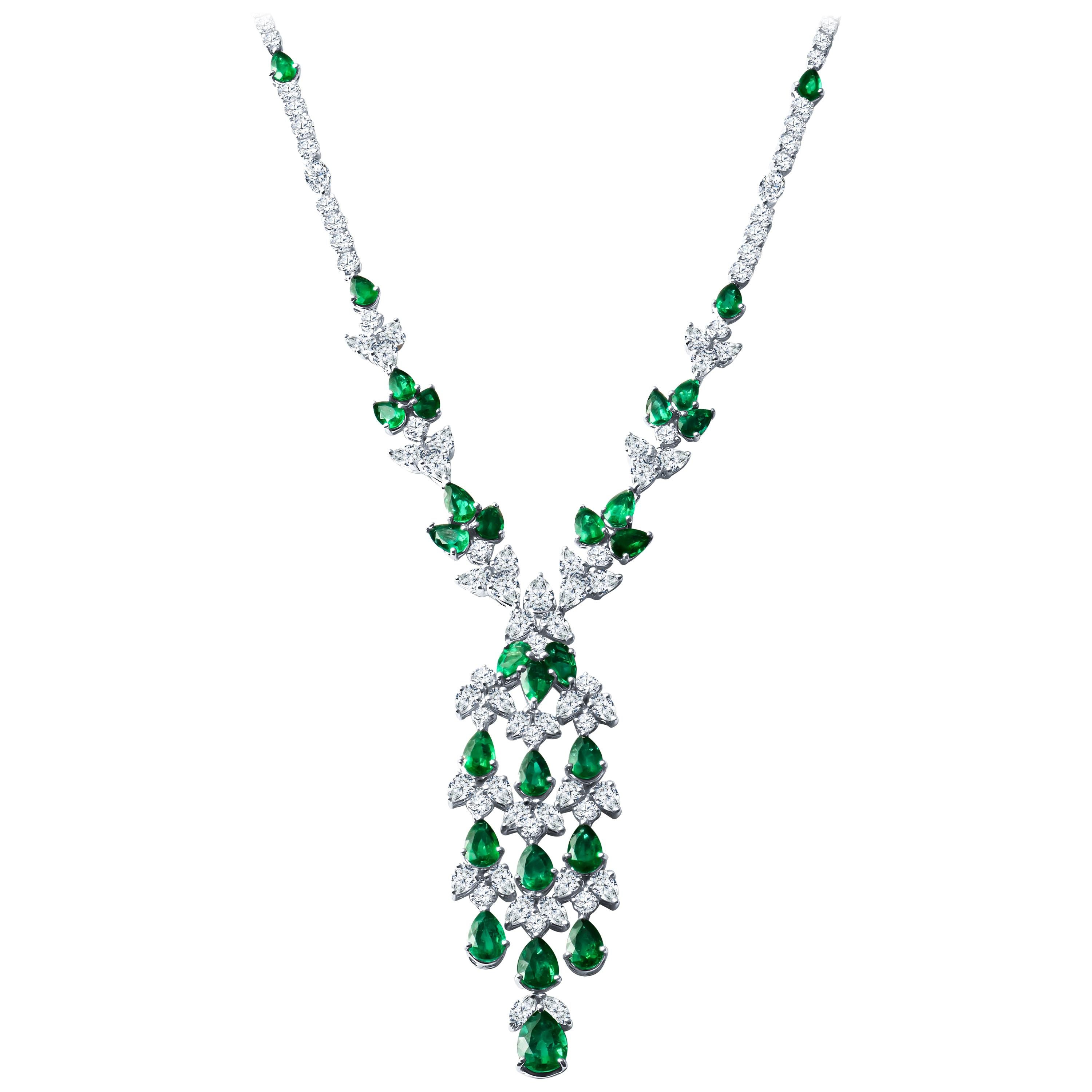 21.77 Carat Pear Shape Emerald and 25.04 Carat Diamond Vine Necklace For Sale