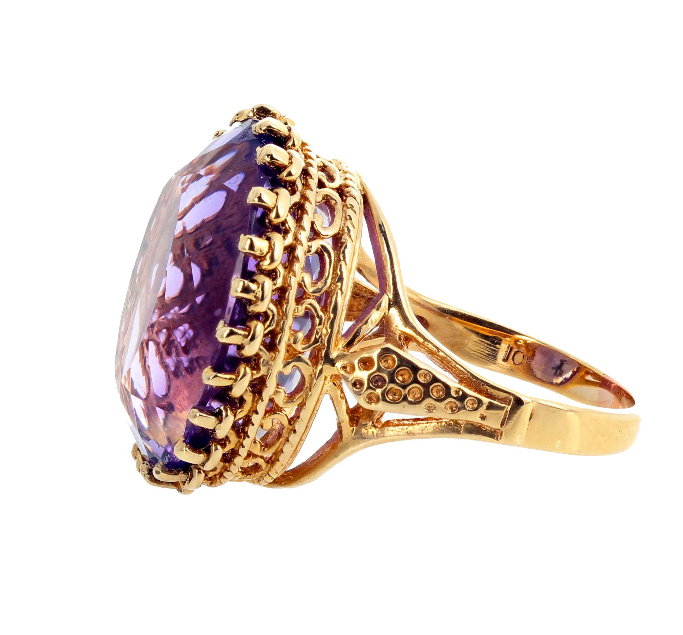 Oval Cut AJD Spectacular Oval Large 21.78 Ct Sparkling Amethyst Gold Cocktail Ring