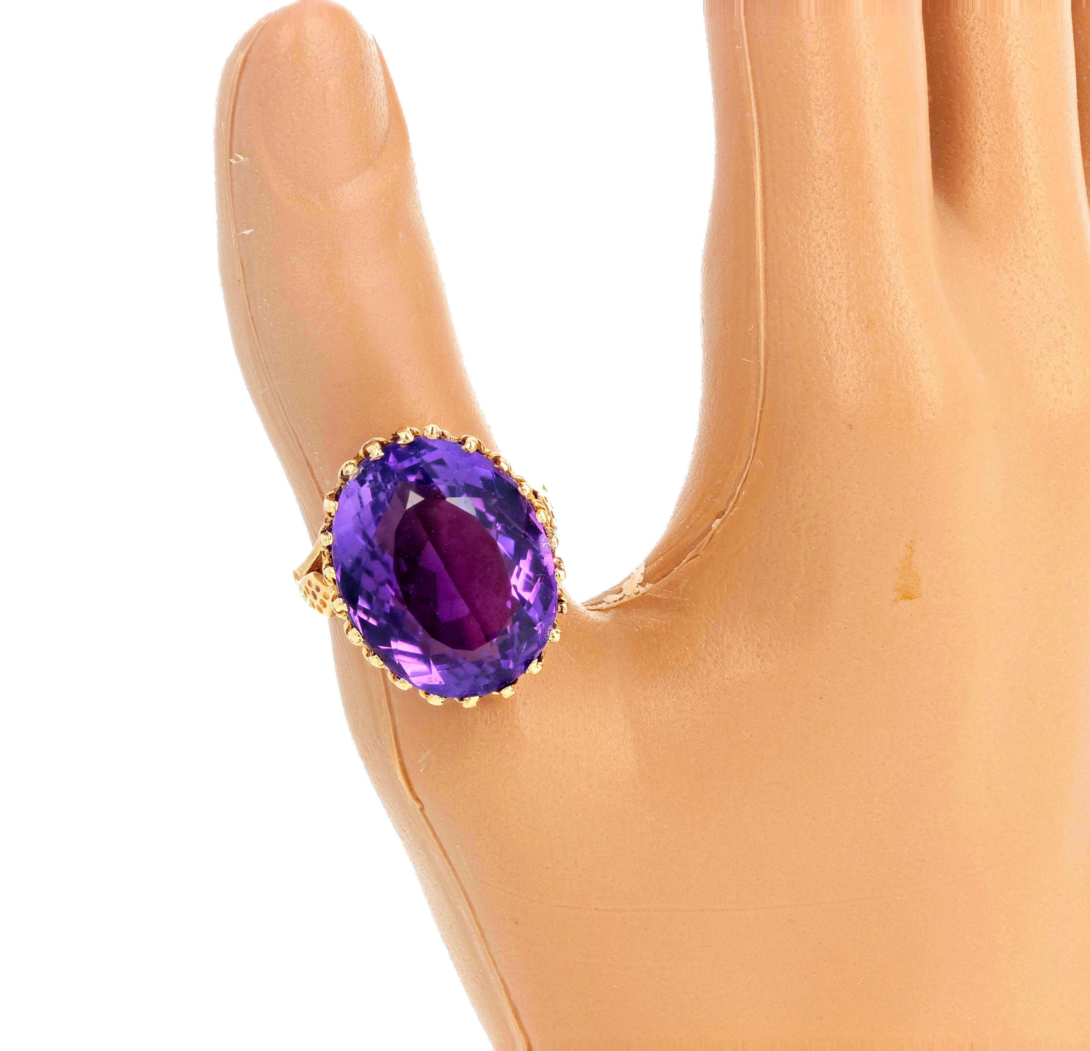 Women's or Men's AJD Spectacular Oval Large 21.78 Ct Sparkling Amethyst Gold Cocktail Ring