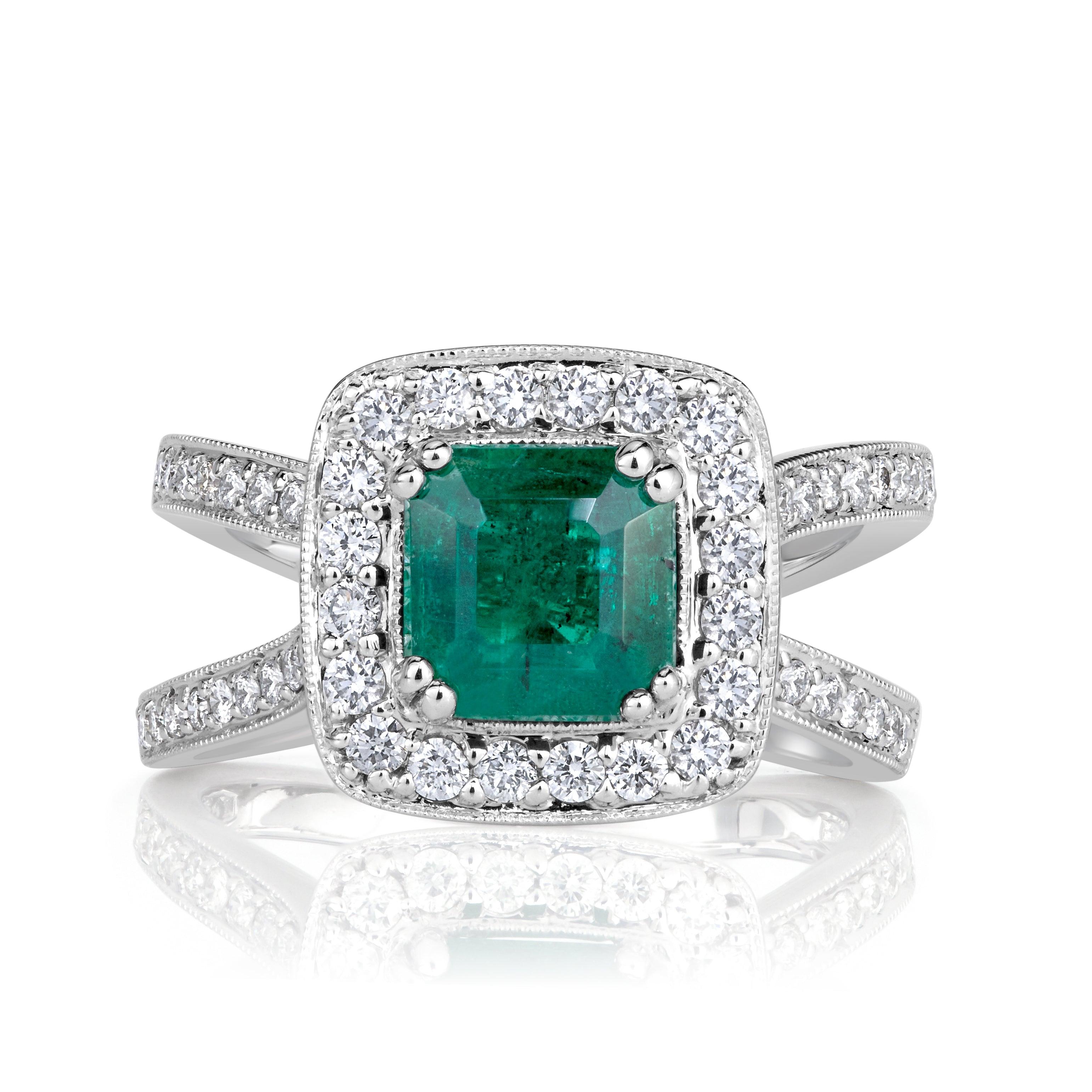 2.17ct Emerald Cut Green Emerald Engagement Ring For Sale