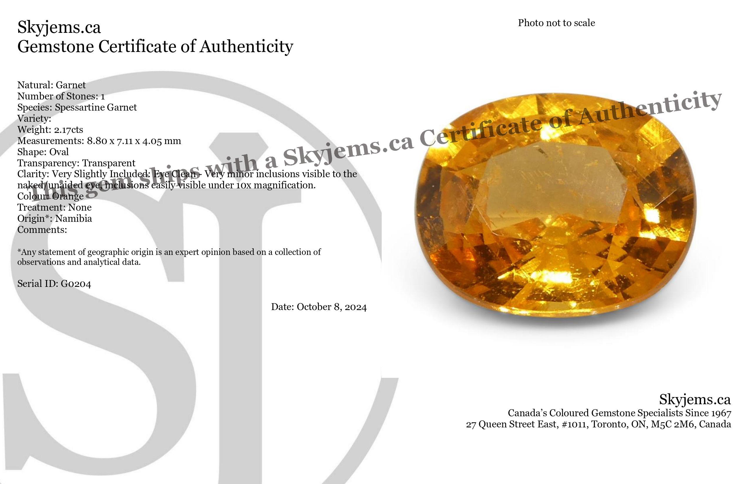 Descripción:

Tipo de gema: Granate 
Número de Piedras: 1
Peso: 2,17 cts
Medidas: 8,80 x 7,11 x 4,05 mm
Forma: Oval
Corte Estilo Corona: Corte Brillante
Pabellón del Estilo de Corte: Corte Escalonado 
Transparencia: Transparente
Claridad: Muy