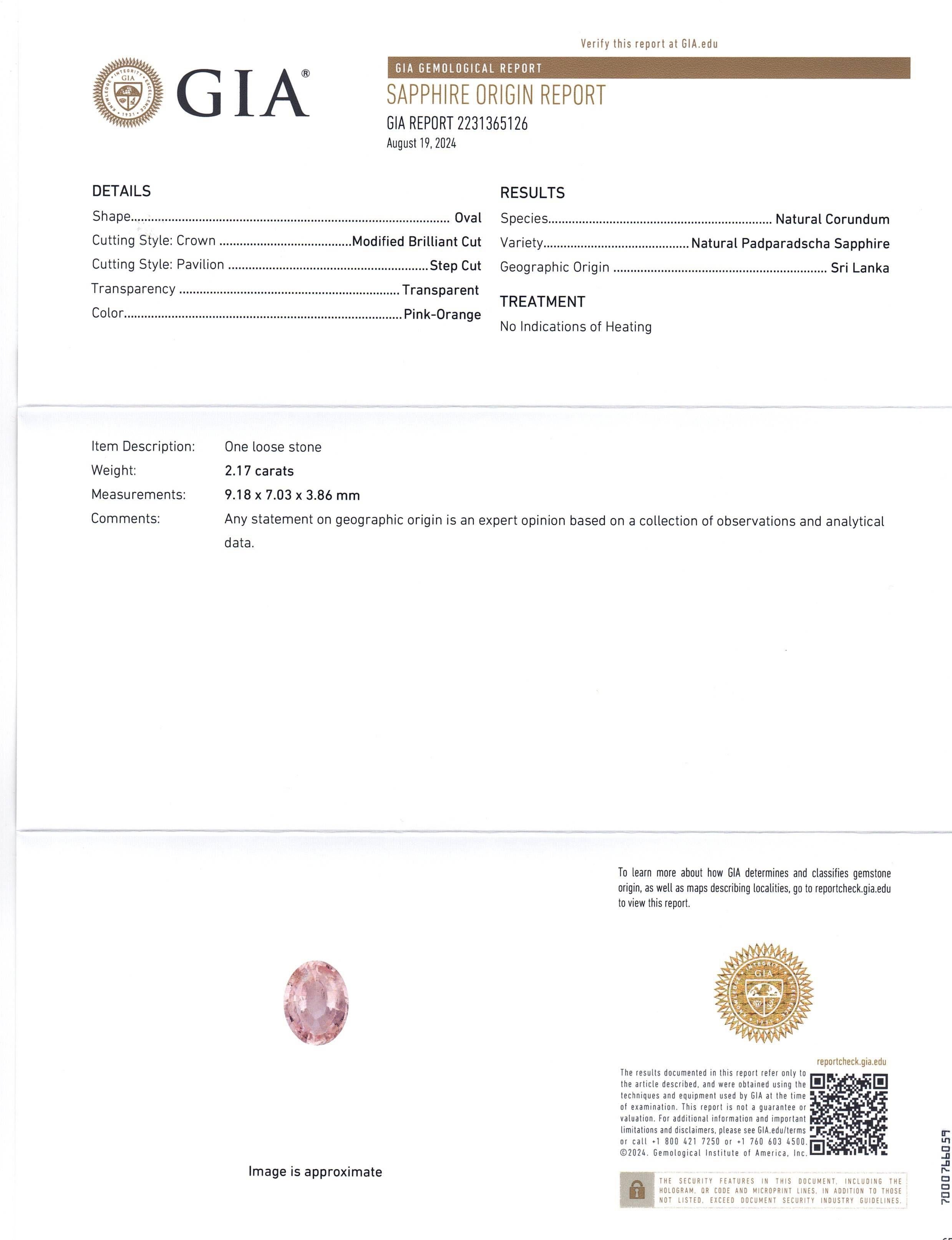 2,17 Karat Oval Rosa-Oranger Padparadscha Saphir GIA zertifiziert  Sri Lanka, unerhitzt (Ovalschliff)
