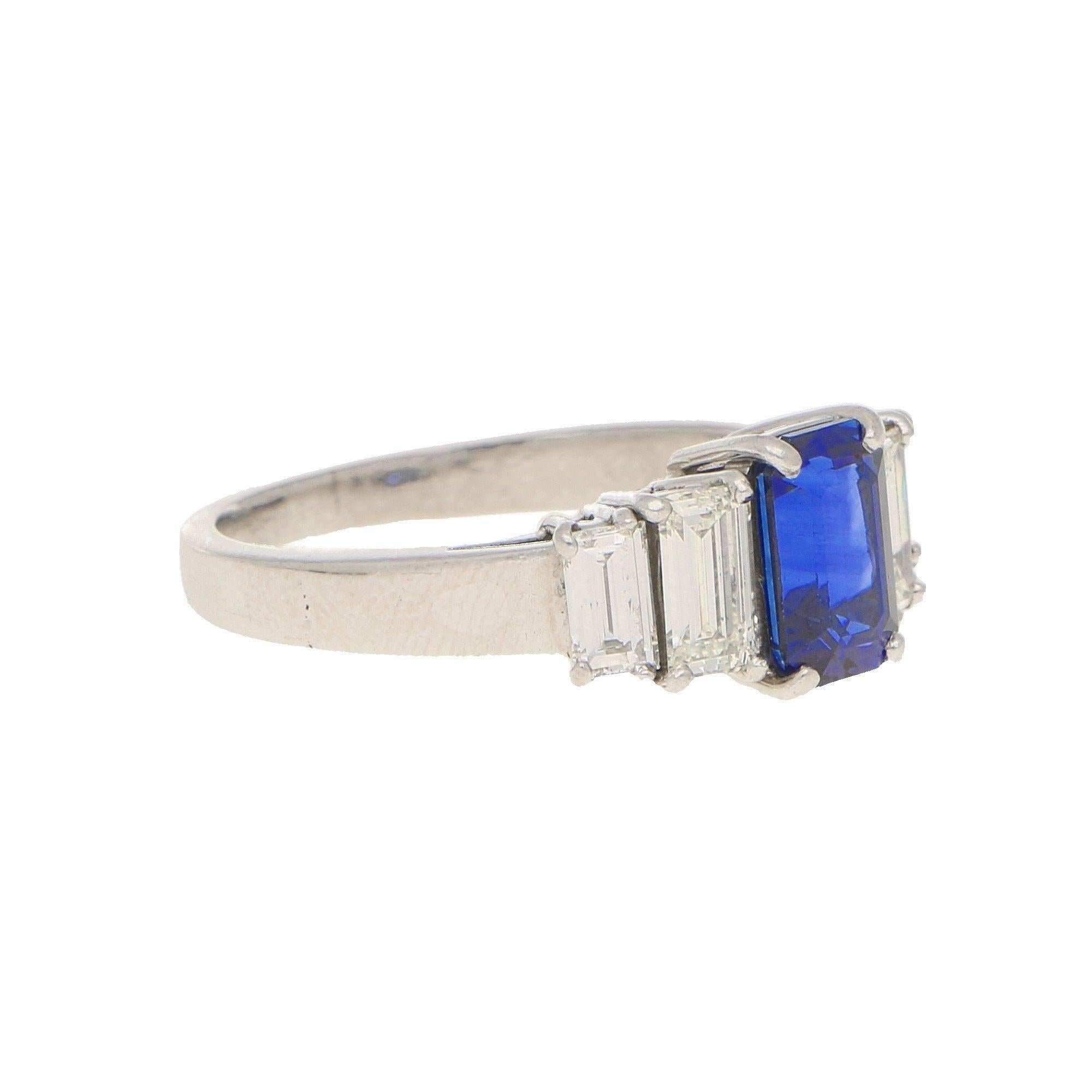 Emerald Cut Royal Blue Sapphire and Diamond Five Stone Ring Set in Platinum
