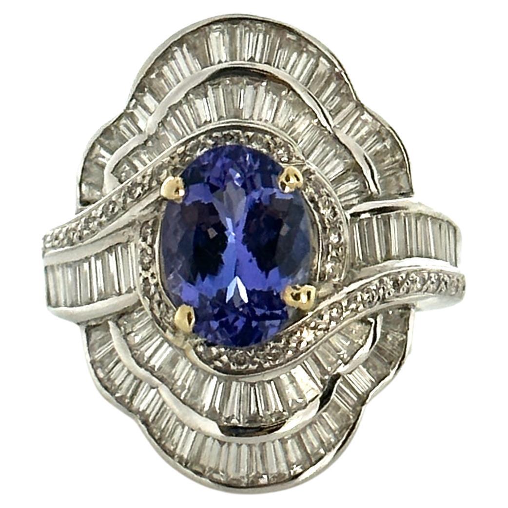 2.17CT Tanzanite and 3.56CTW Diamond Ring in 18K White Gold For Sale