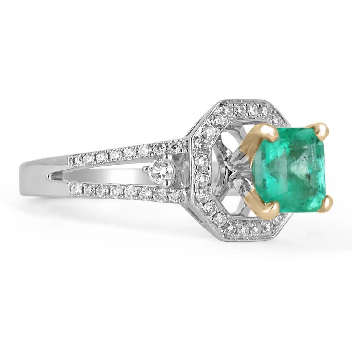 Showcased is a natural emerald and diamond modern engagement ring. This ring features a bright-hued Asscher cut emerald from Colombian mines. The emerald is set in a fashionable, elevated halo-styled setting. Pave white natural diamonds accent the