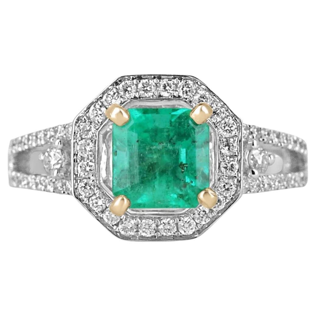 2.17tcw 14K Colombian Emerald-Asscher Cut & Diamond Halo Engagement Ring For Sale