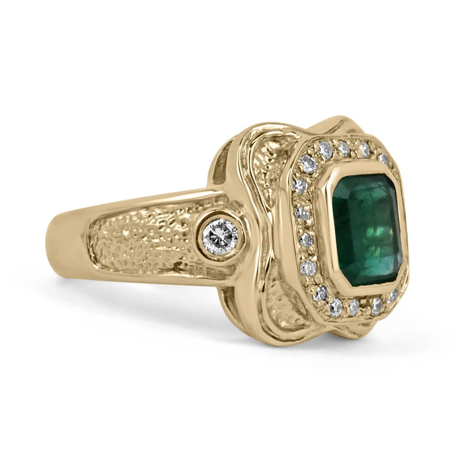 A magnificent emerald and diamond statement ring. This remarkable piece features a 1.89-carat, natural emerald cut emerald from the origins of Zambia. The center gem displays a ravishing and desirable intense dark emerald green color with very good