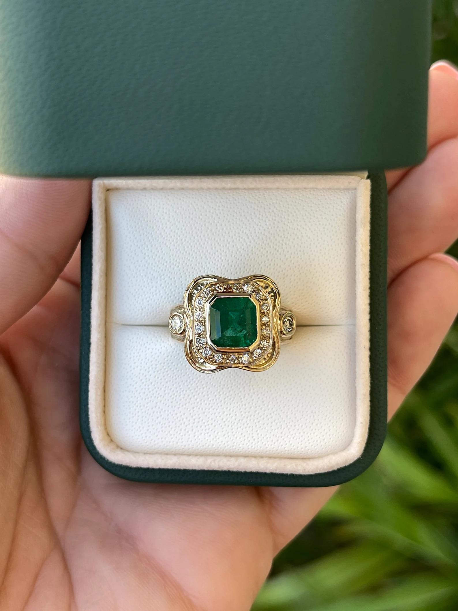 Modern 2.17tcw Intense Dark Green Emerald & Diamond Mid Century Statement Ring 14K For Sale