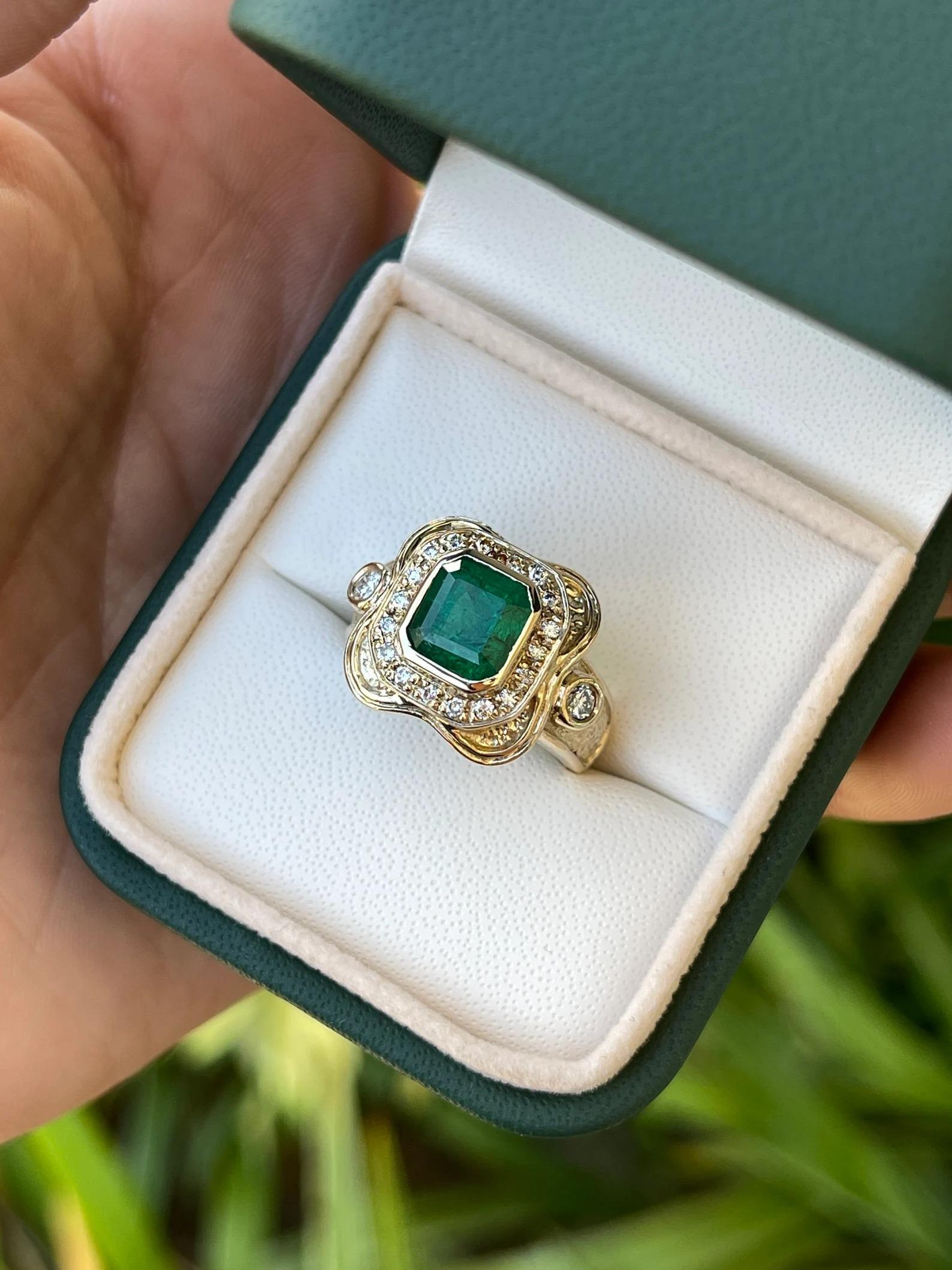 Emerald Cut 2.17tcw Intense Dark Green Emerald & Diamond Mid Century Statement Ring 14K For Sale