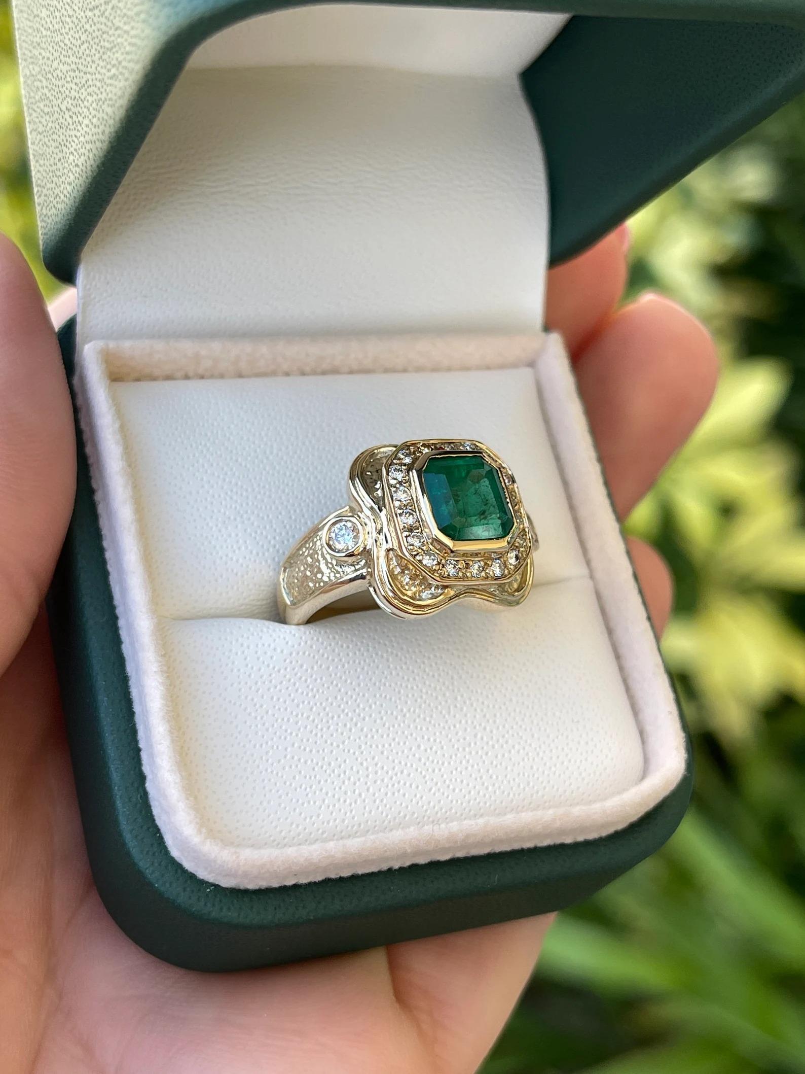 2.17tcw Intense Dark Green Emerald & Diamond Mid Century Statement Ring 14K In New Condition For Sale In Jupiter, FL