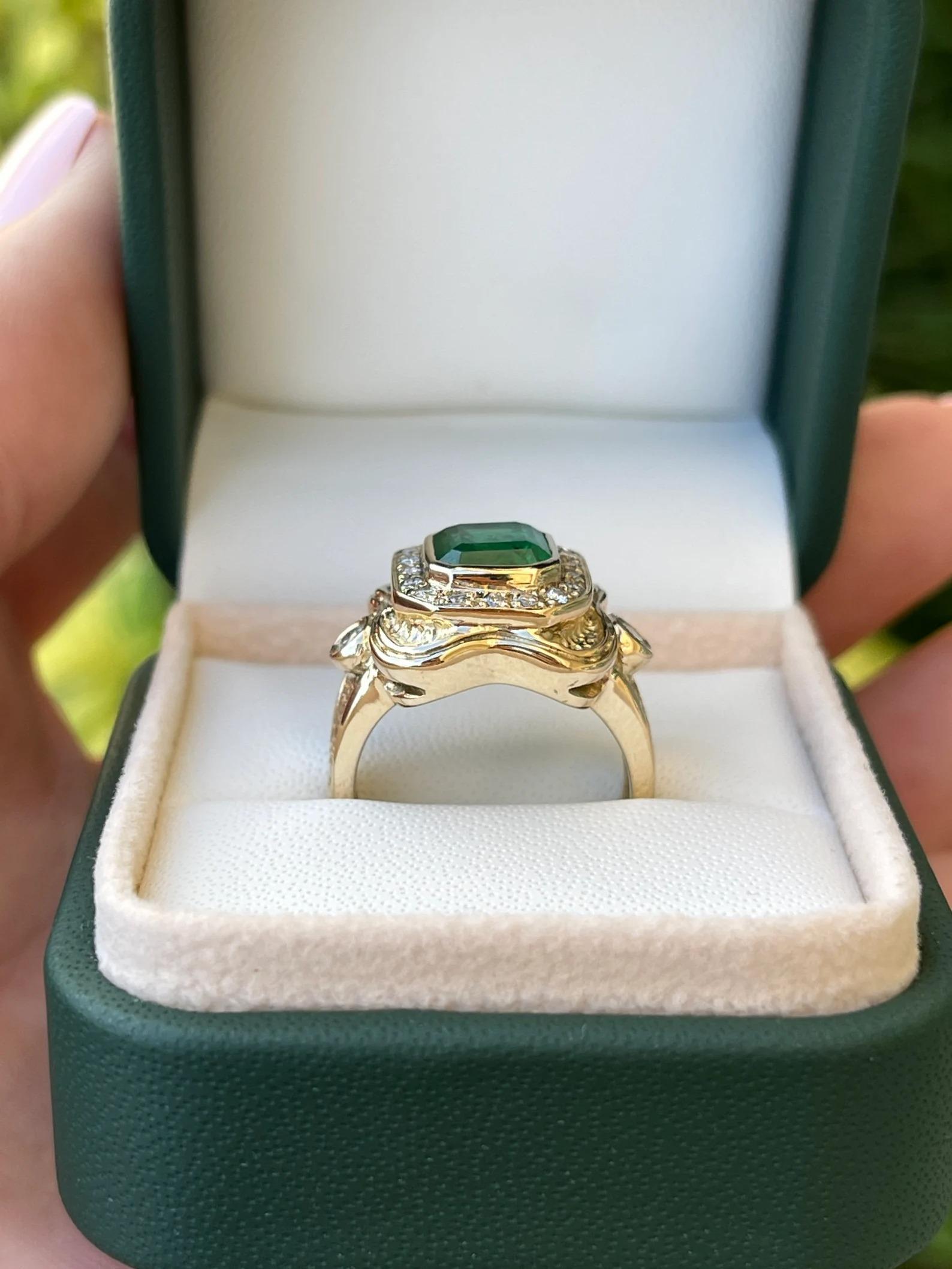 Women's or Men's 2.17tcw Intense Dark Green Emerald & Diamond Mid Century Statement Ring 14K For Sale