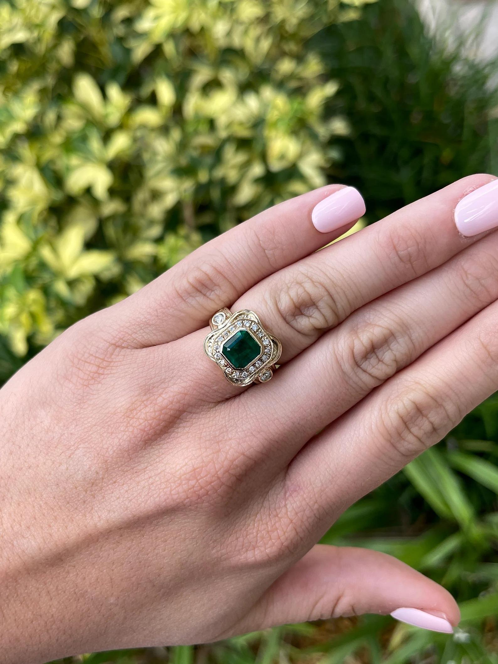 2.17tcw Intense Dark Green Emerald & Diamond Mid Century Statement Ring 14K For Sale 1