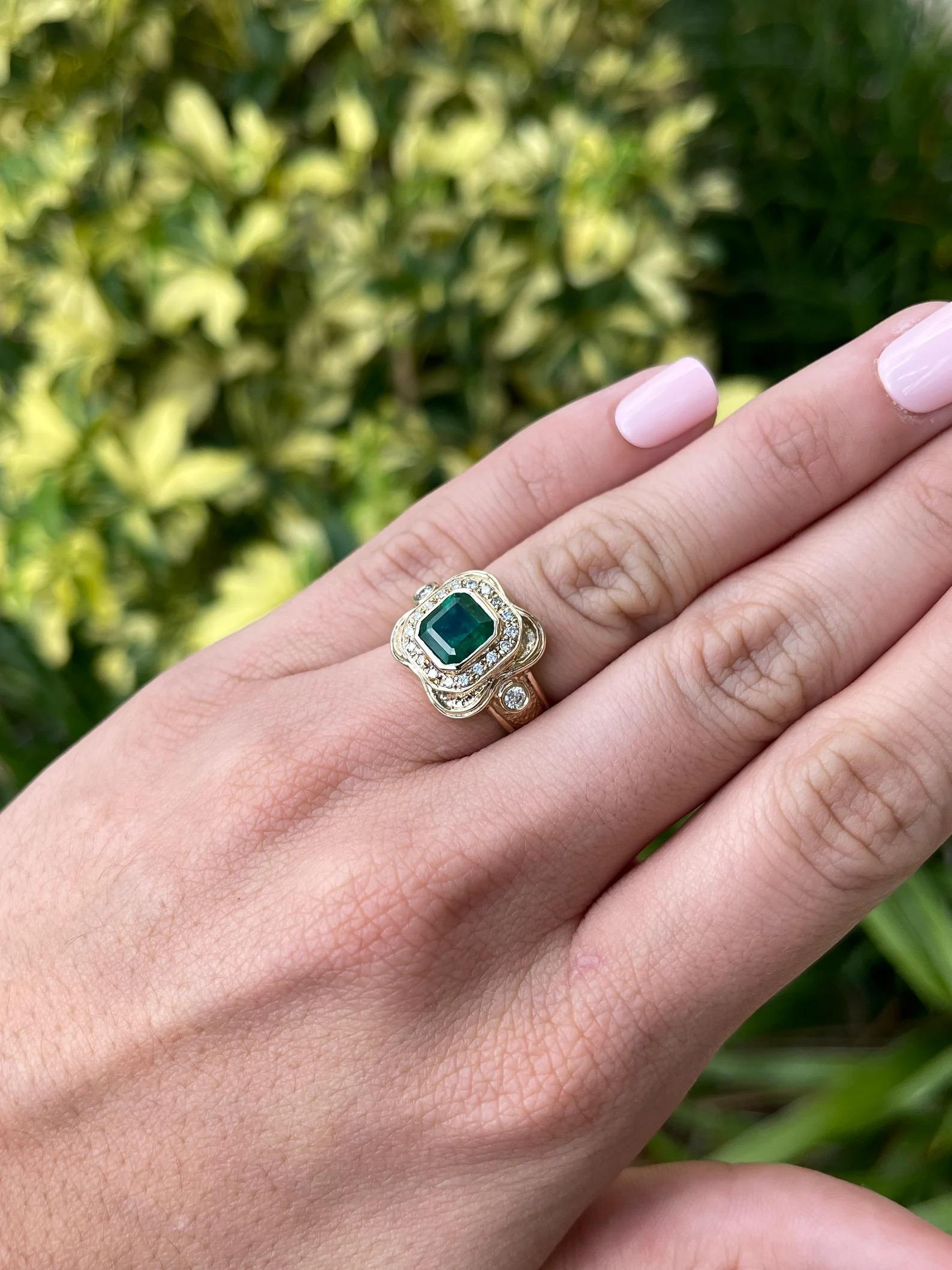 2.17tcw Intense Dark Green Emerald & Diamond Mid Century Statement Ring 14K For Sale 2