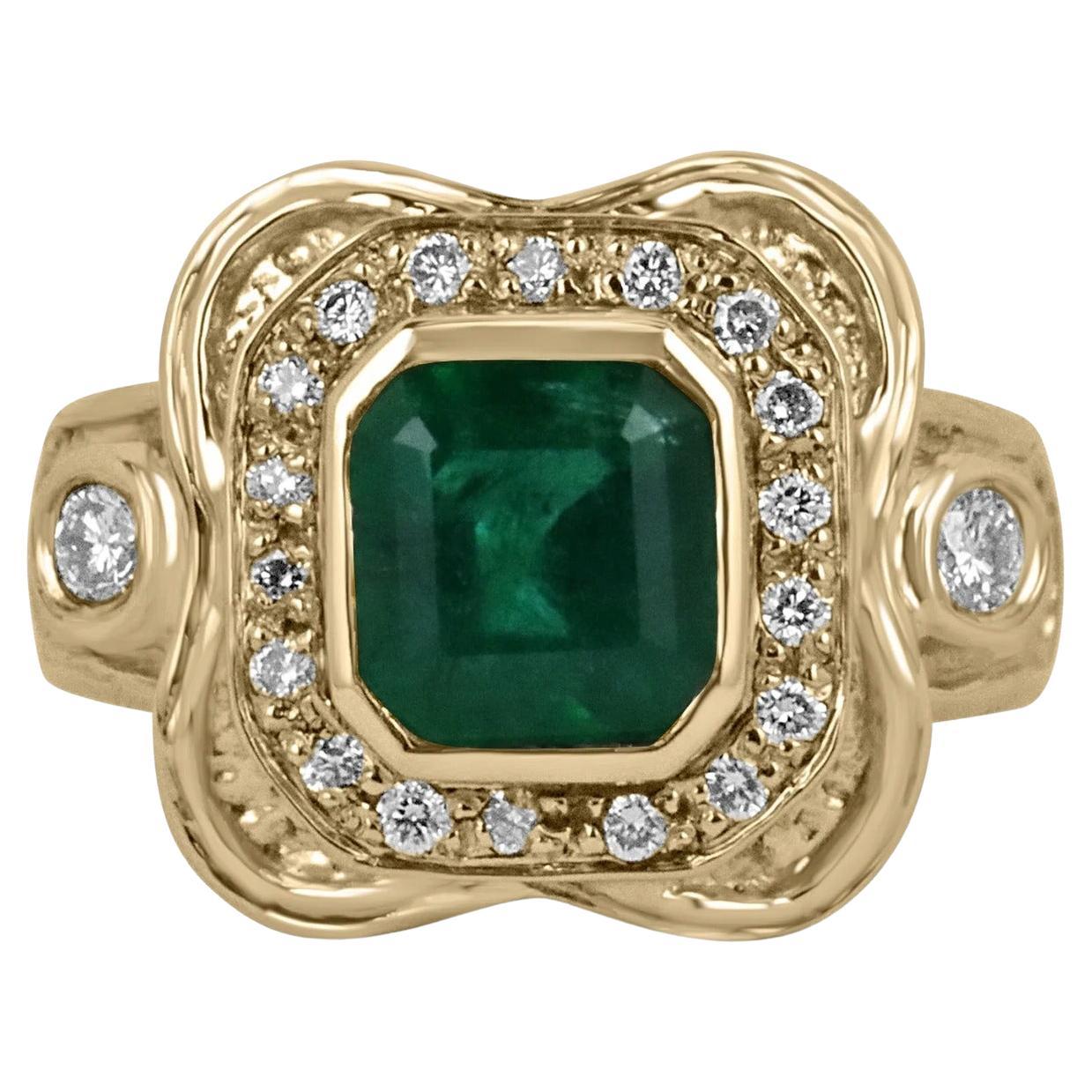 2.17tcw Intense Dark Green Emerald & Diamond Mid Century Statement Ring 14K For Sale