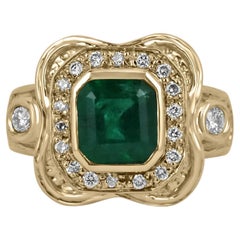 2.17tcw Intense Dark Green Emerald & Diamond Mid Century Statement Ring 14K