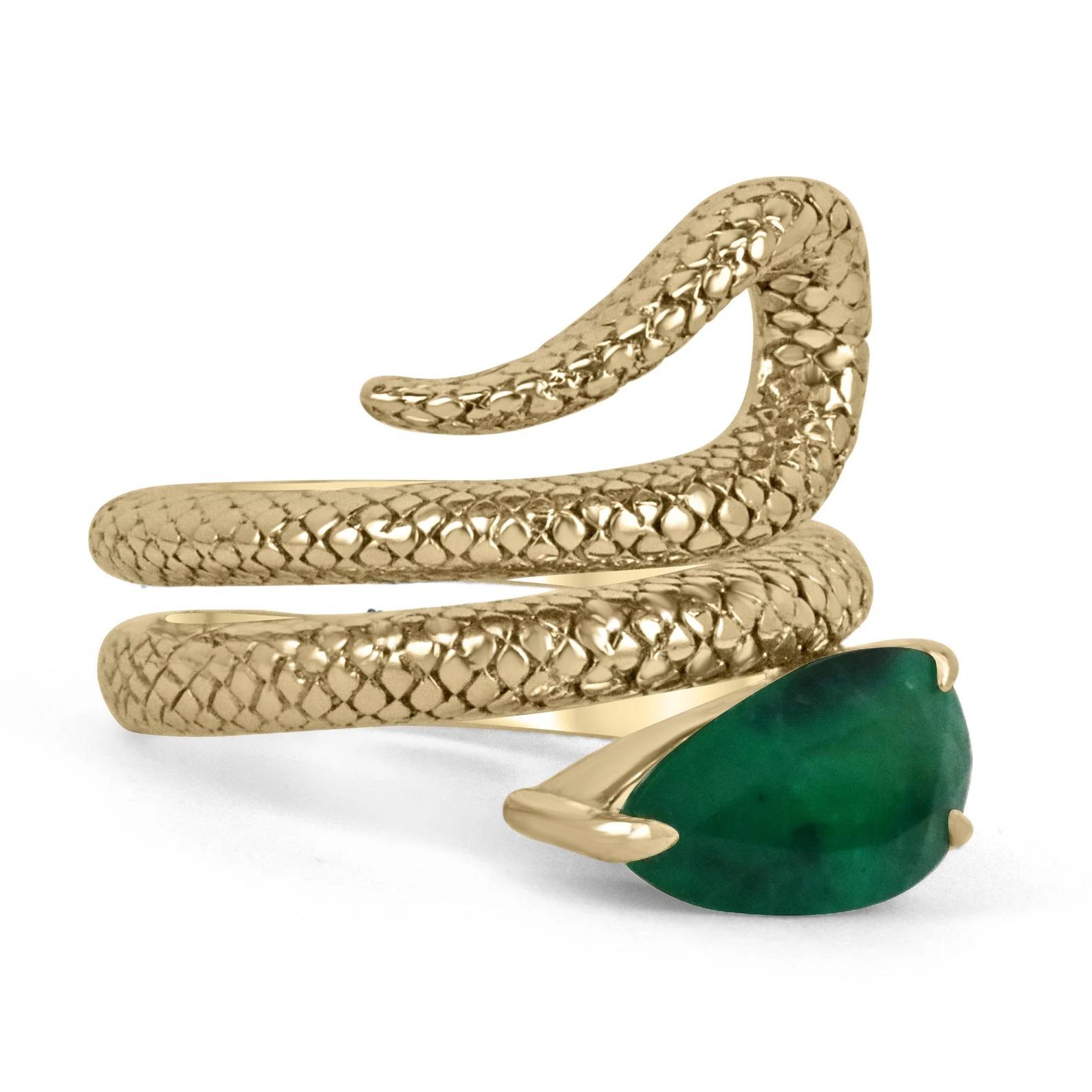  A ring, as enchanting and enthralling as a rattlesnake's rattle tail. This distinctive design, created by Natalie Rodriguez; showcases a remarkable VIVID DARK 2.18-carat, natural Colombian pear cut emerald that displays a ravishing and desirable