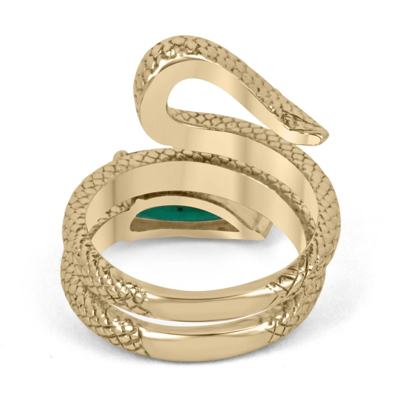 Modern 2.18 Carat AAA Quality Colombian Emerald-Pear Cut Gold Wrapping Snake Ring 18K For Sale
