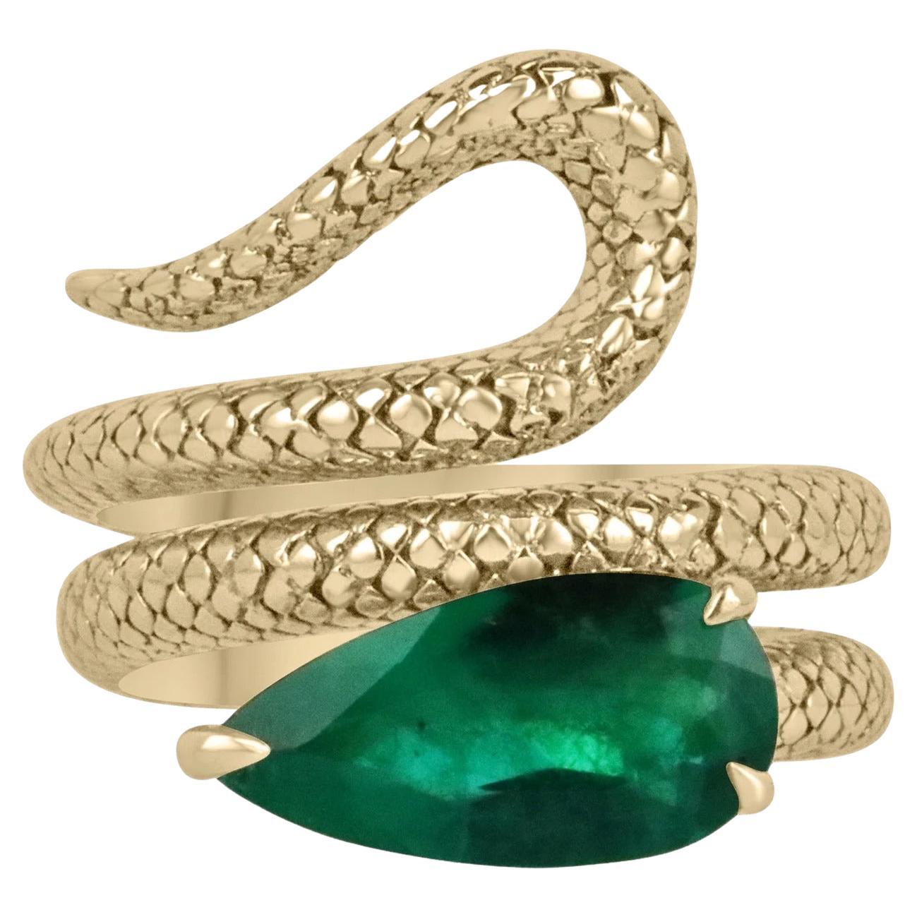2.18 Carat AAA Quality Colombian Emerald-Pear Cut Gold Wrapping Snake Ring 18K For Sale