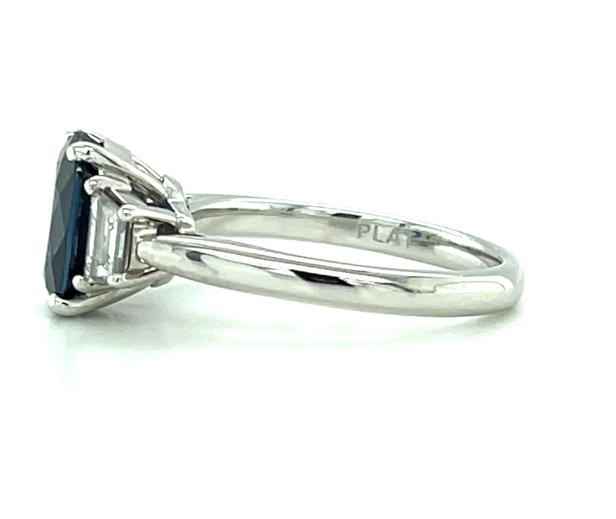 Artisan 2.18 Carat Blue Sapphire Diamond Trapezoid Three-Stone Platinum Engagement Ring For Sale