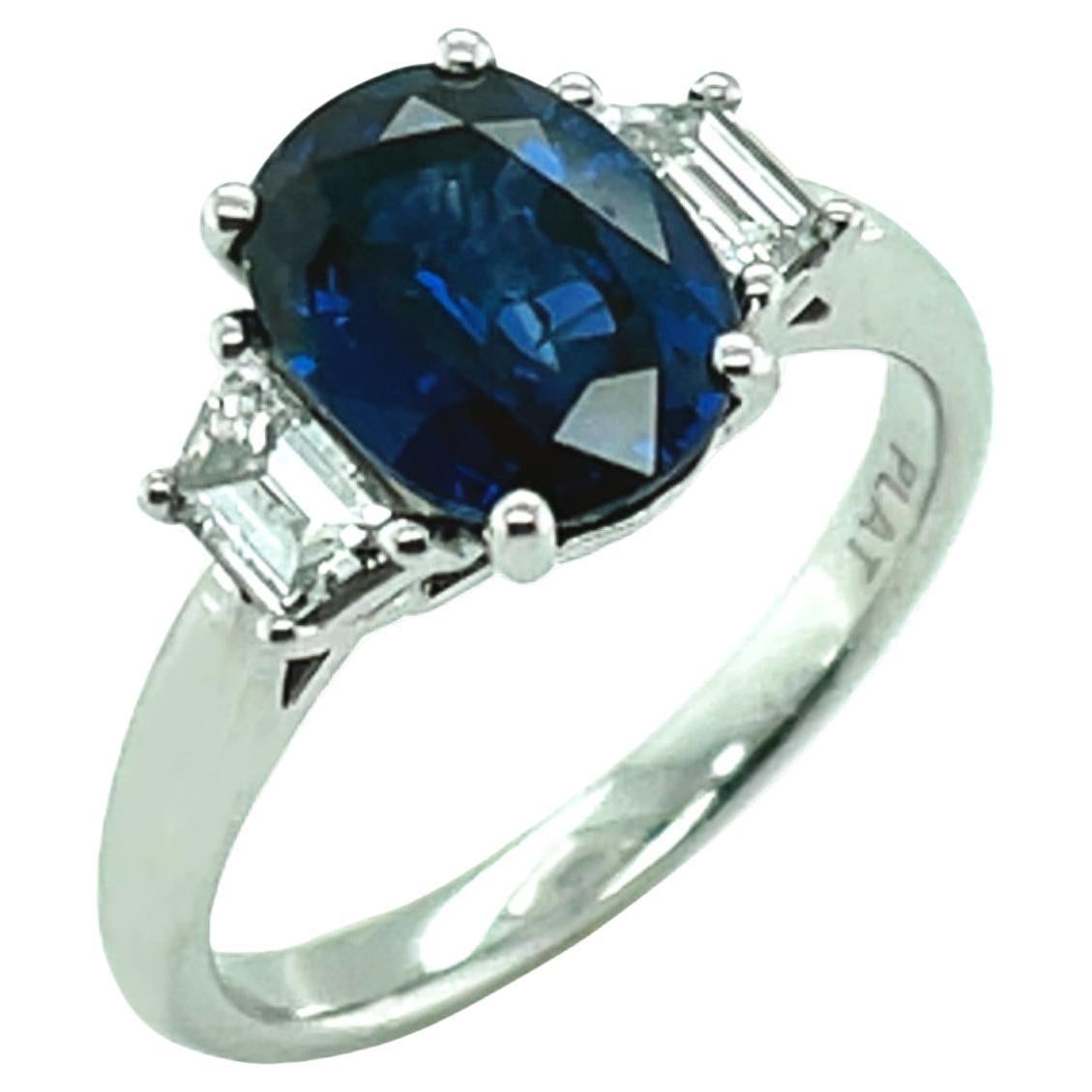 2.18 Carat Blue Sapphire Diamond Trapezoid Three-Stone Platinum Engagement Ring