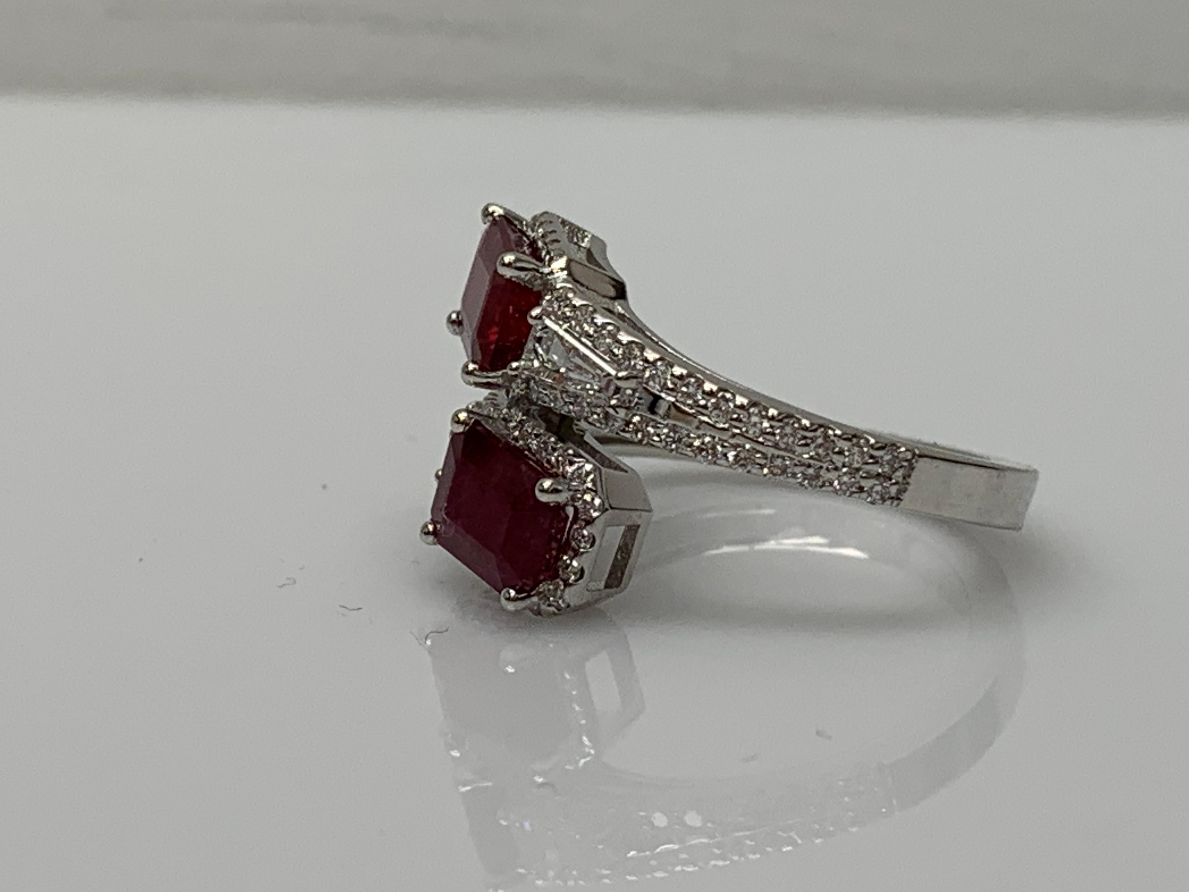 2.18 Carat Emerald Cut Ruby Diamond Toi et Moi Engagement Ring 14K White Gold For Sale 2