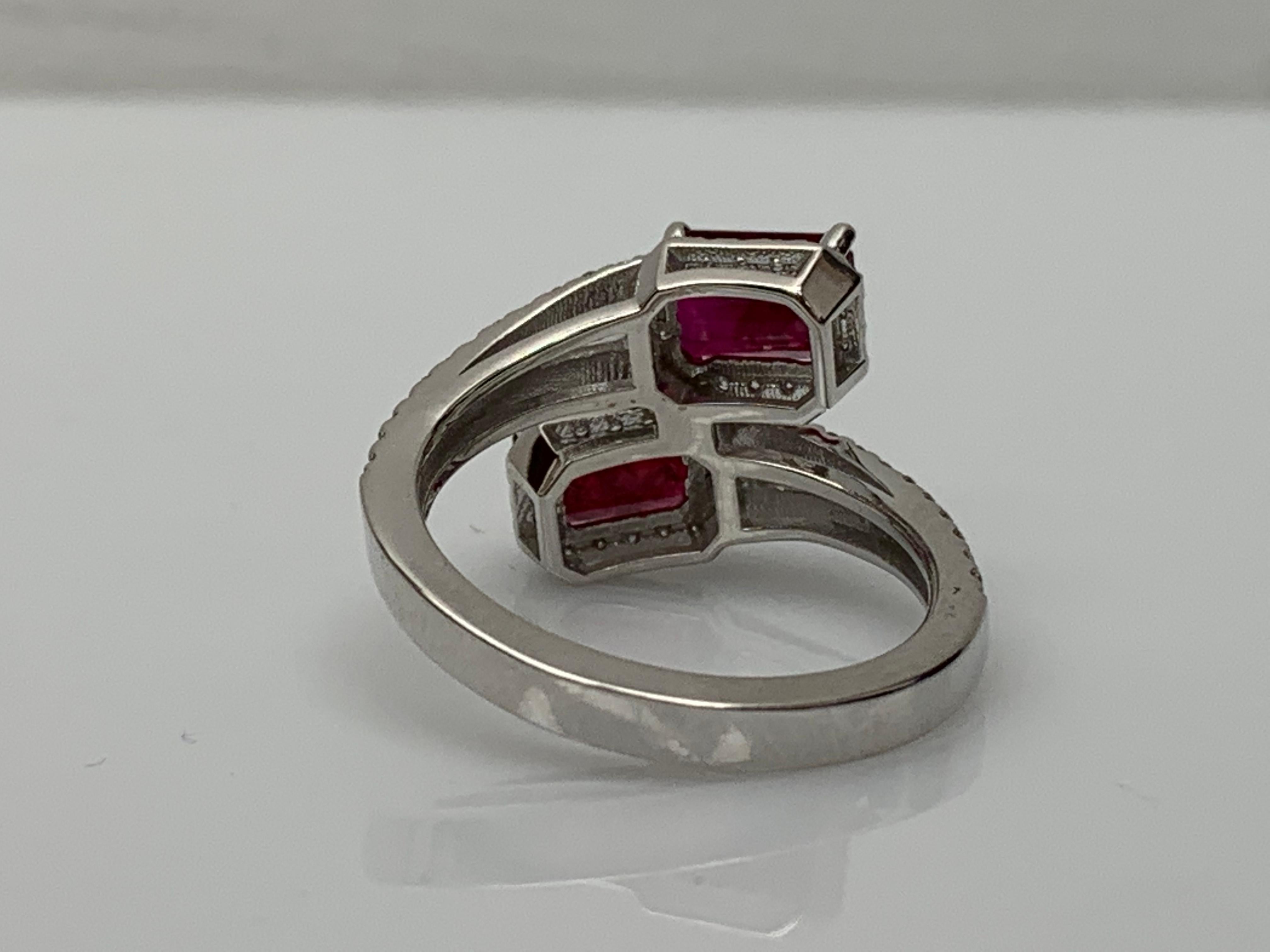 2.18 Carat Emerald Cut Ruby Diamond Toi et Moi Engagement Ring 14K White Gold For Sale 3