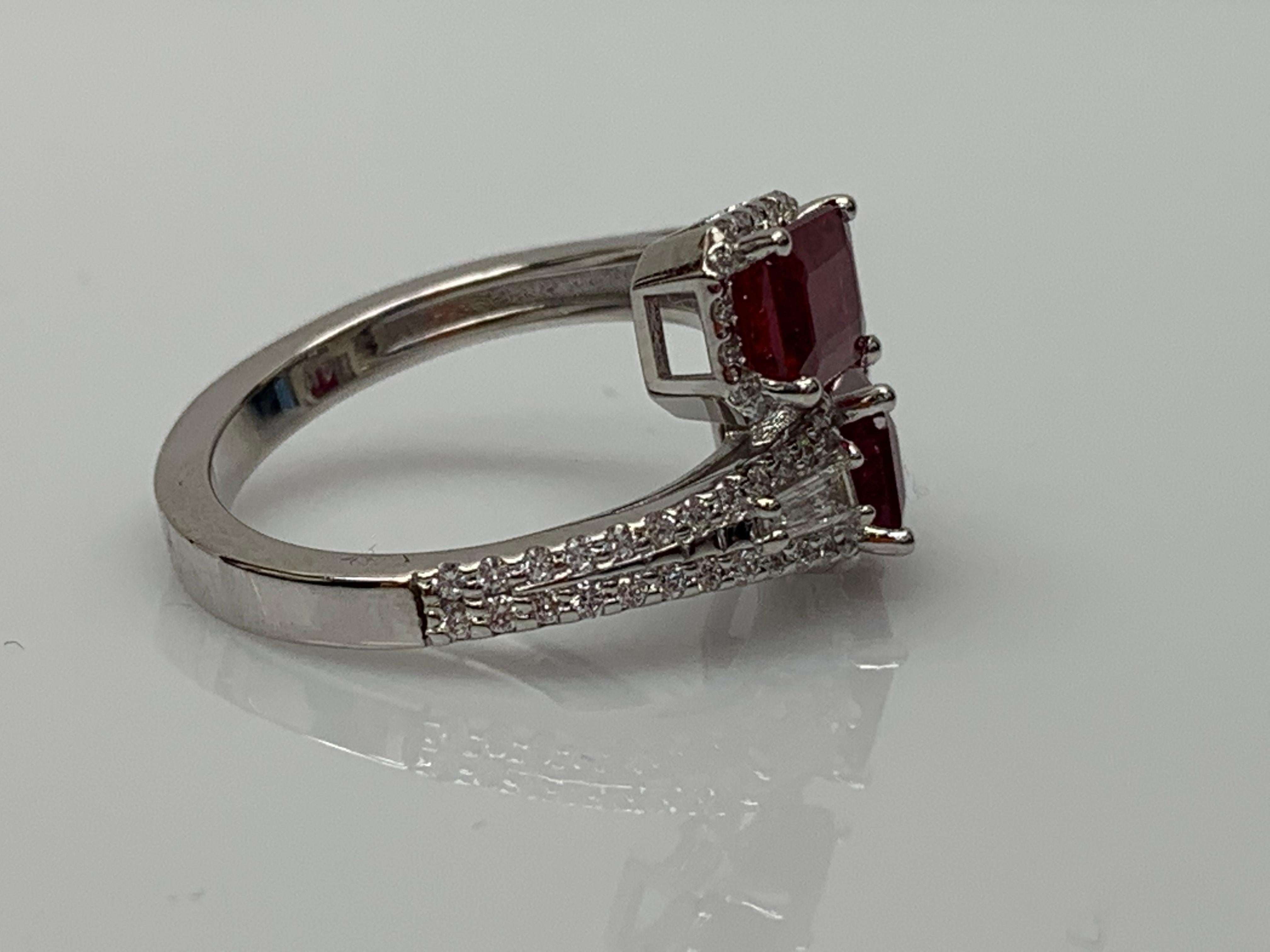 2.18 Carat Emerald Cut Ruby Diamond Toi et Moi Engagement Ring 14K White Gold For Sale 4