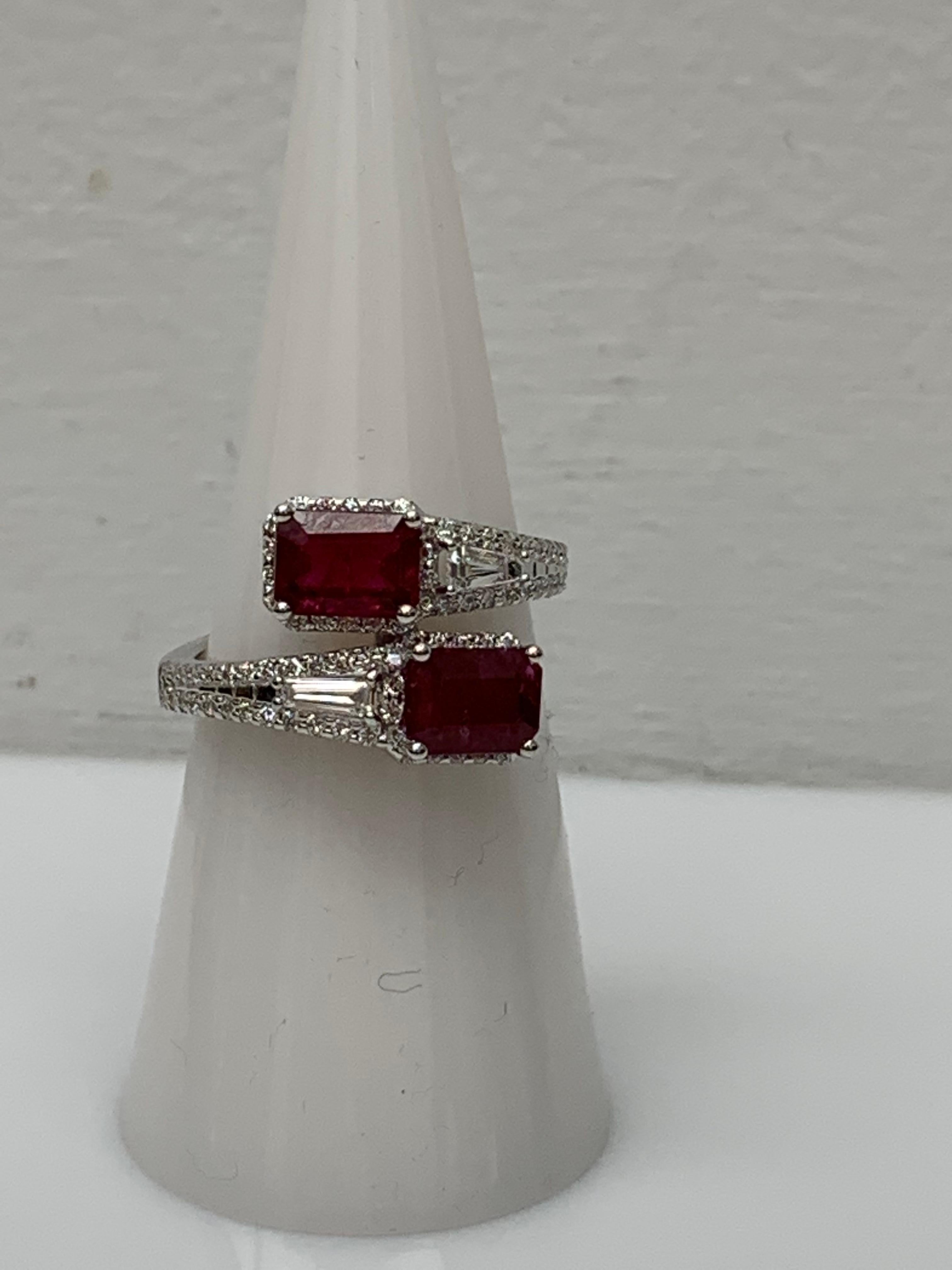 2.18 Carat Emerald Cut Ruby Diamond Toi et Moi Engagement Ring 14K White Gold For Sale 5