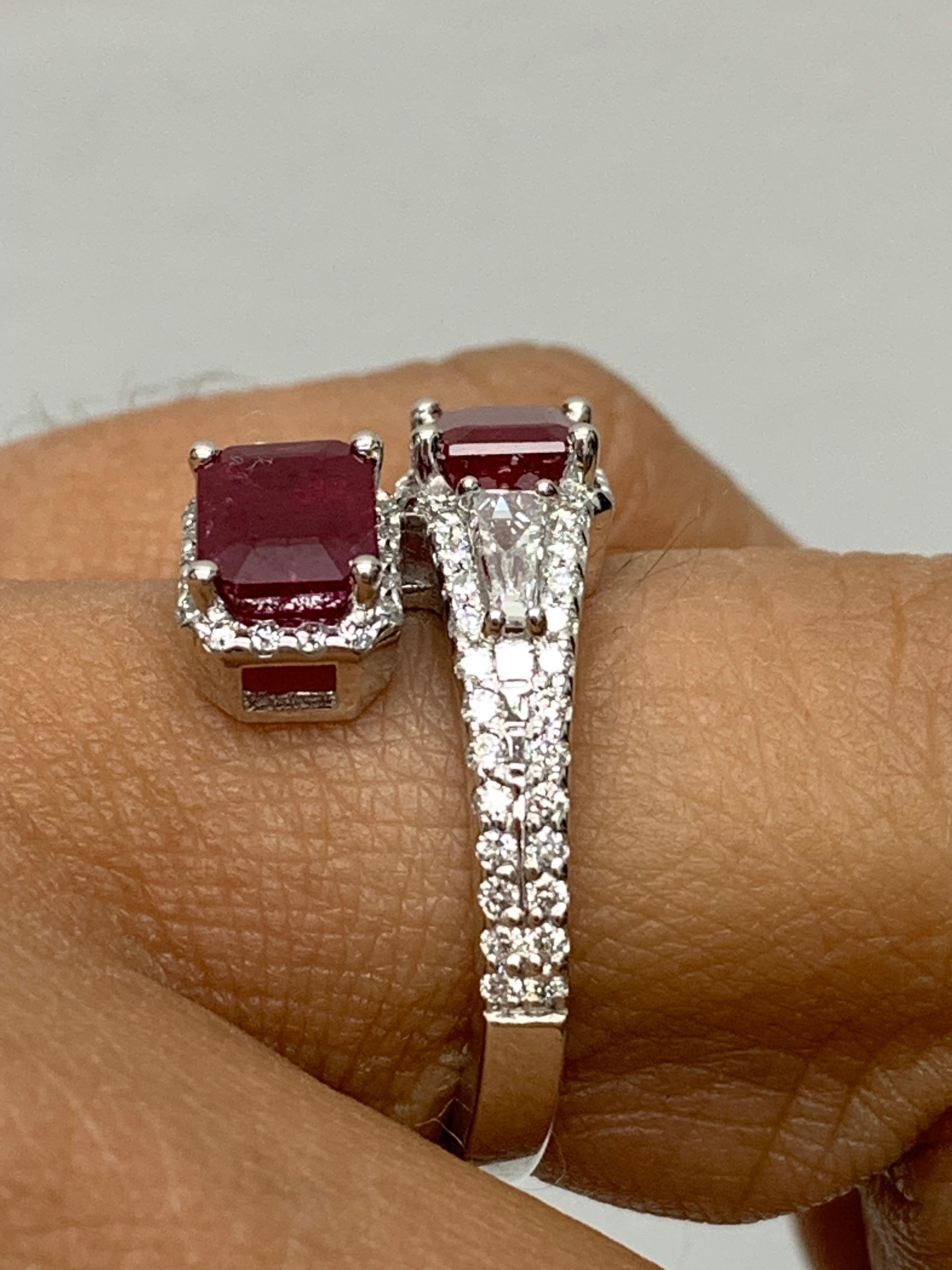 Modern 2.18 Carat Emerald Cut Ruby Diamond Toi et Moi Engagement Ring 14K White Gold For Sale