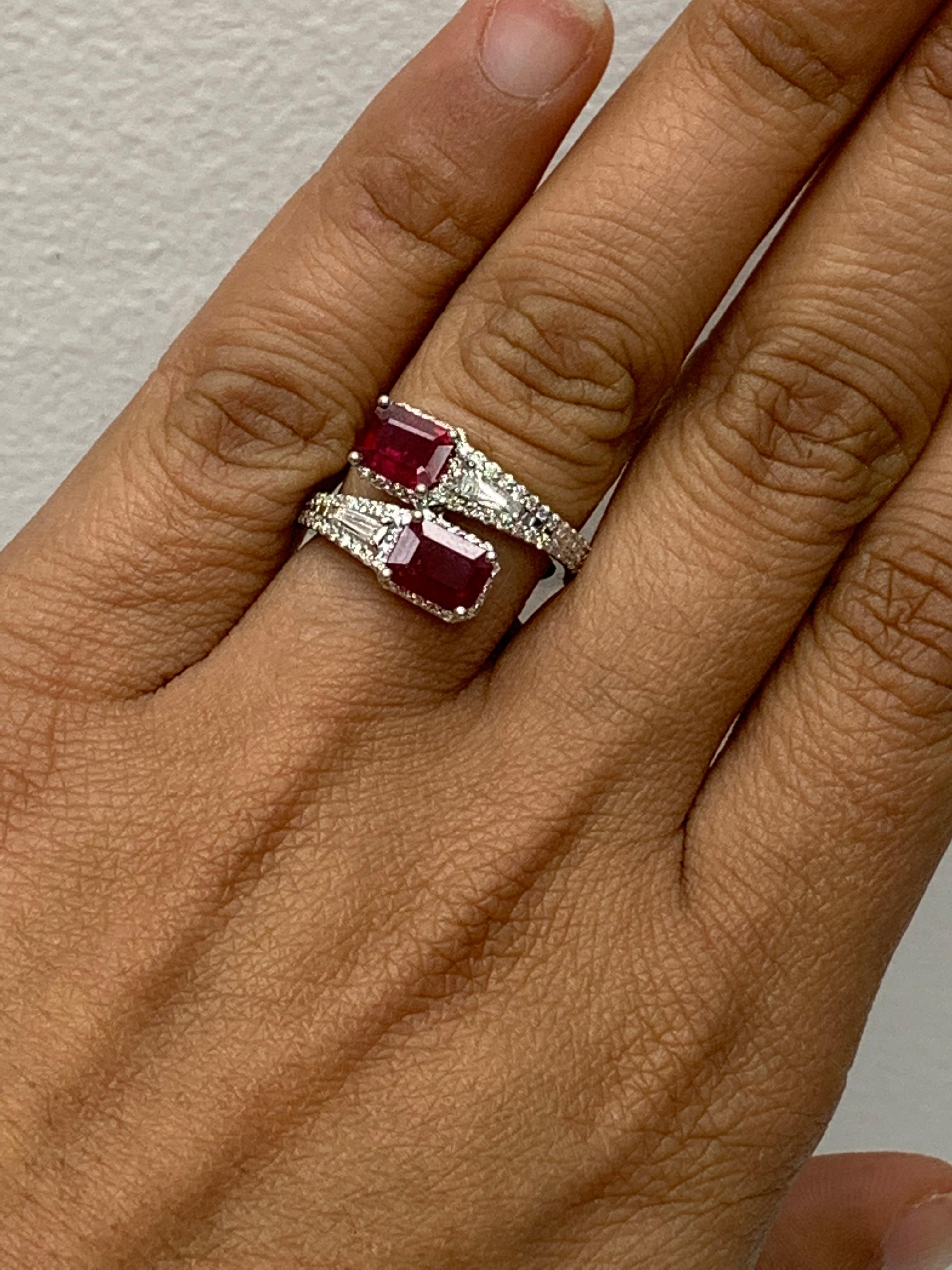 Women's 2.18 Carat Emerald Cut Ruby Diamond Toi et Moi Engagement Ring 14K White Gold For Sale