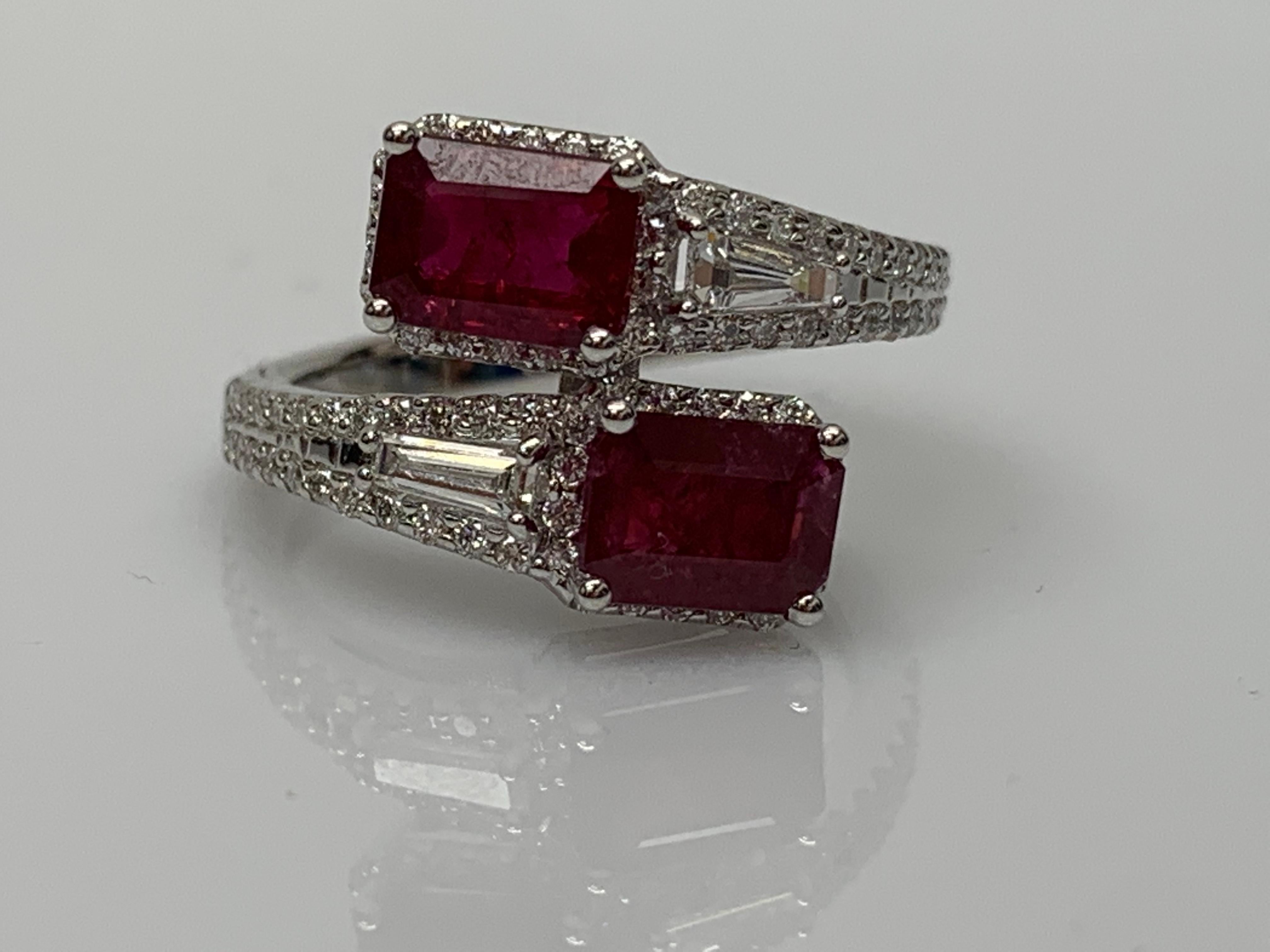 2.18 Carat Emerald Cut Ruby Diamond Toi et Moi Engagement Ring 14K White Gold For Sale 1