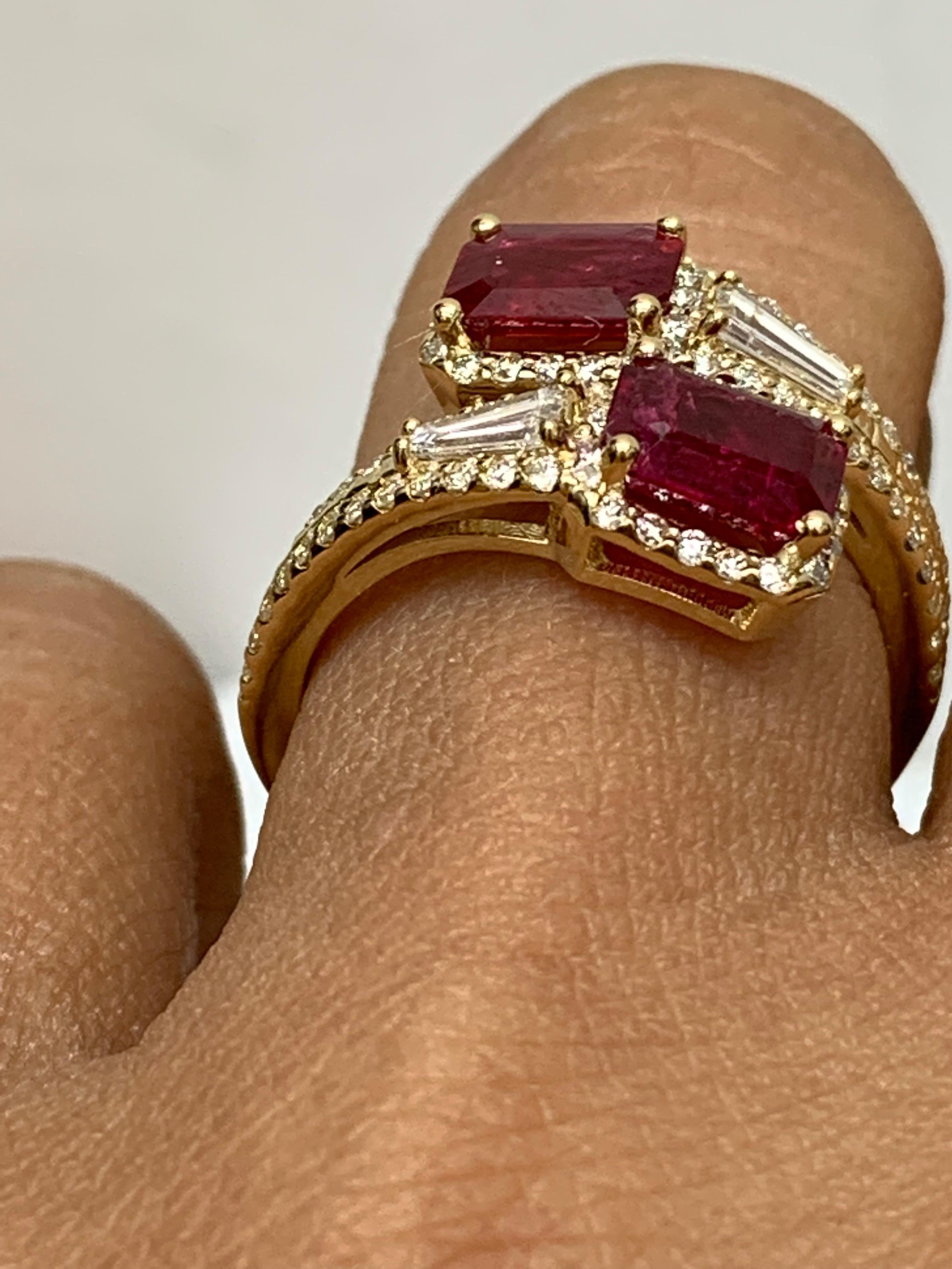 2.18 Carat Emerald Cut Ruby Diamond Toi et Moi Engagement Ring 14K Yellow Gold For Sale 3