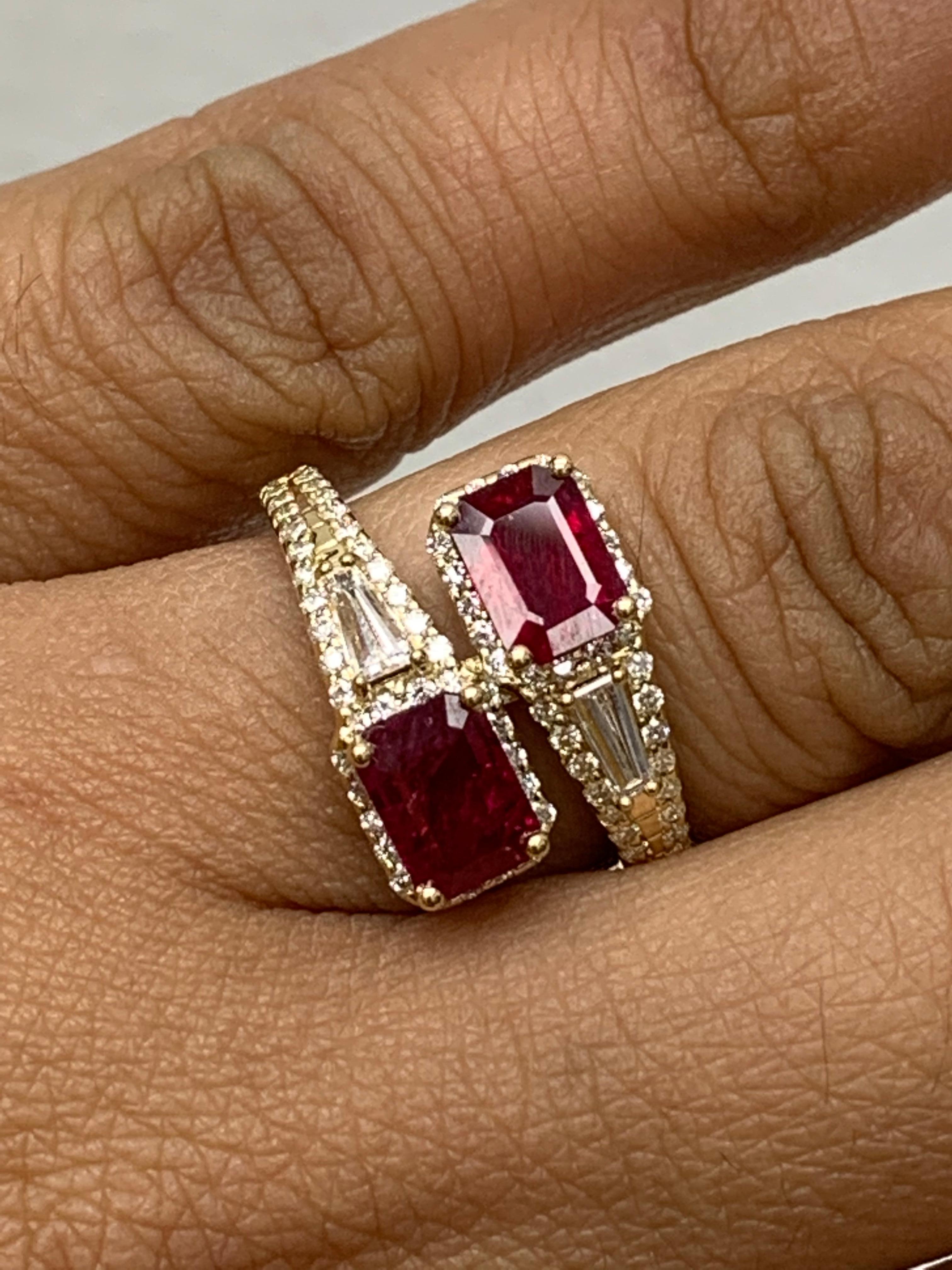 2.18 Carat Emerald Cut Ruby Diamond Toi et Moi Engagement Ring 14K Yellow Gold For Sale 4