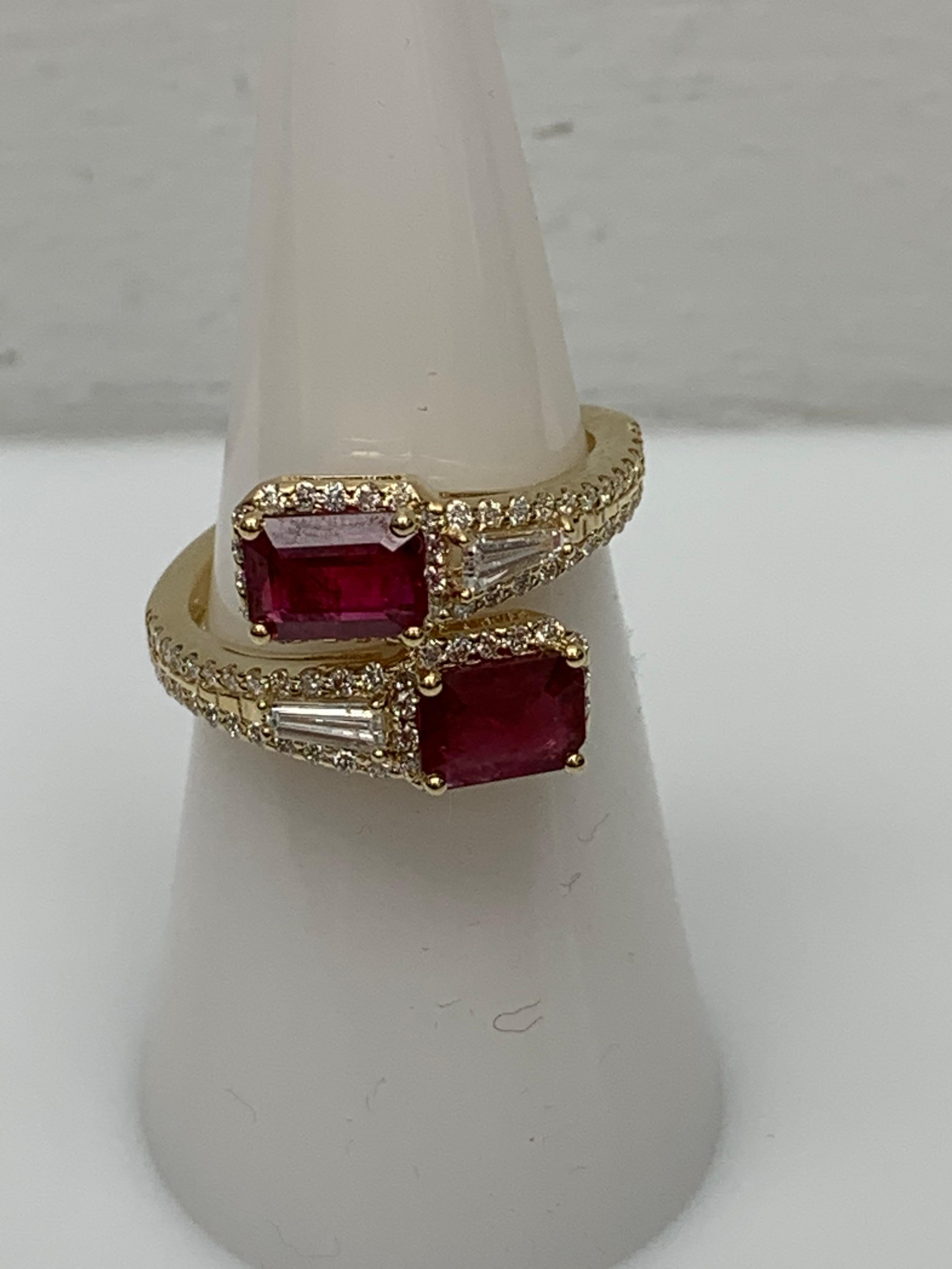 2.18 Carat Emerald Cut Ruby Diamond Toi et Moi Engagement Ring 14K Yellow Gold For Sale 8