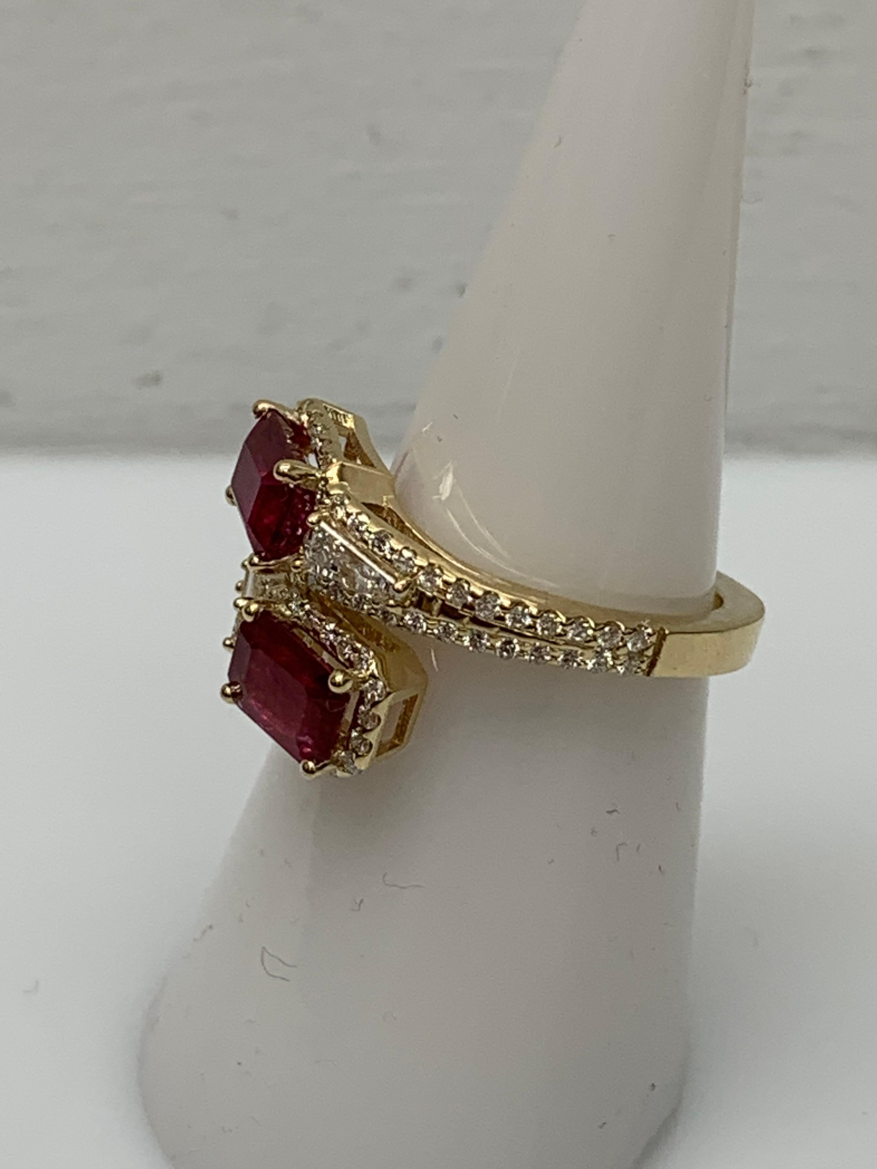2.18 Carat Emerald Cut Ruby Diamond Toi et Moi Engagement Ring 14K Yellow Gold For Sale 9