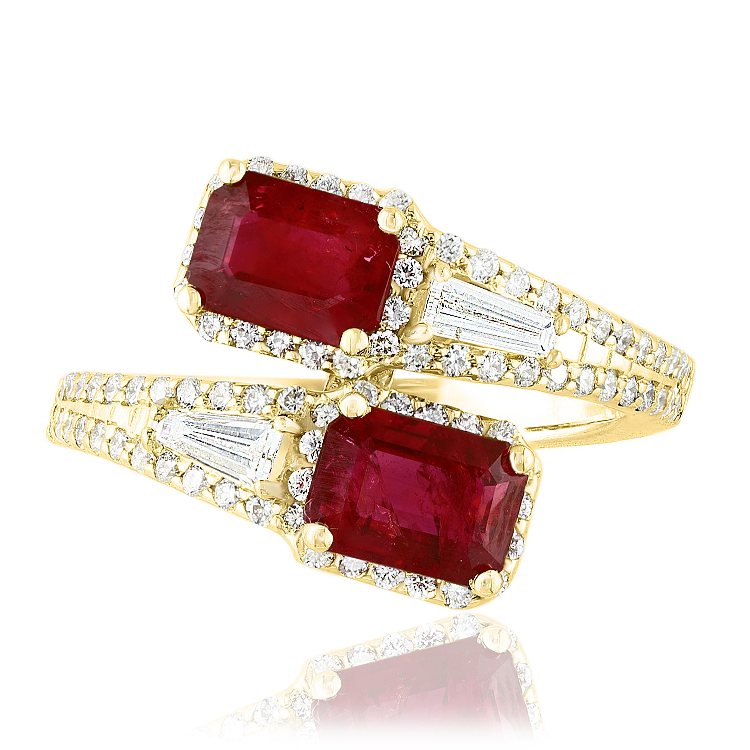 The stunning forever-together Toi et Moi ring features 2 Emerald cut Rubies embraced by east to west 2 baguette diamonds weigh and 84 round diamonds halfway to the shank. Handcrafted in 14k Yellow Gold.
2 emerald cut Rubies in the center weighs 2.18
