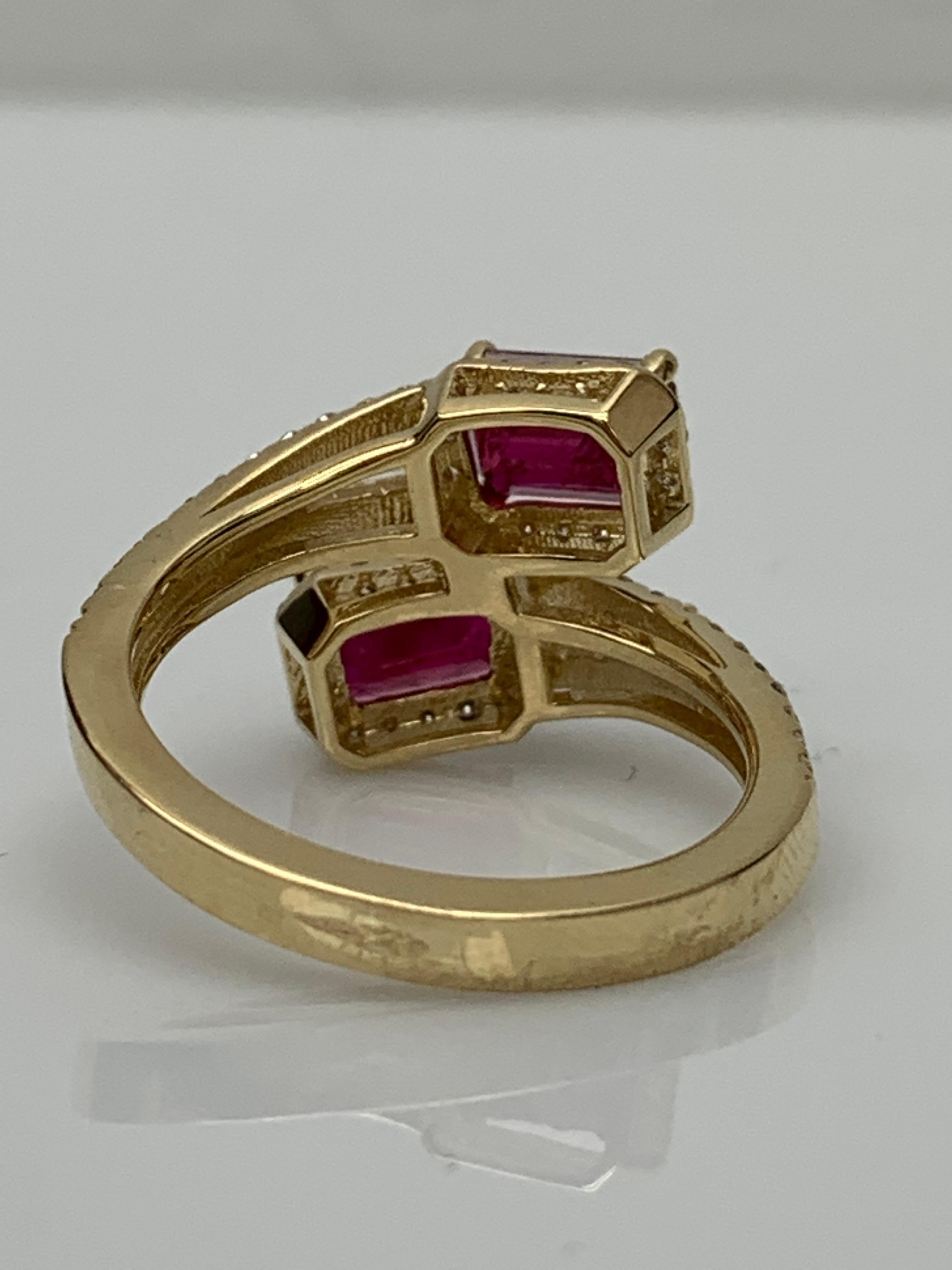 Modern 2.18 Carat Emerald Cut Ruby Diamond Toi et Moi Engagement Ring 14K Yellow Gold For Sale
