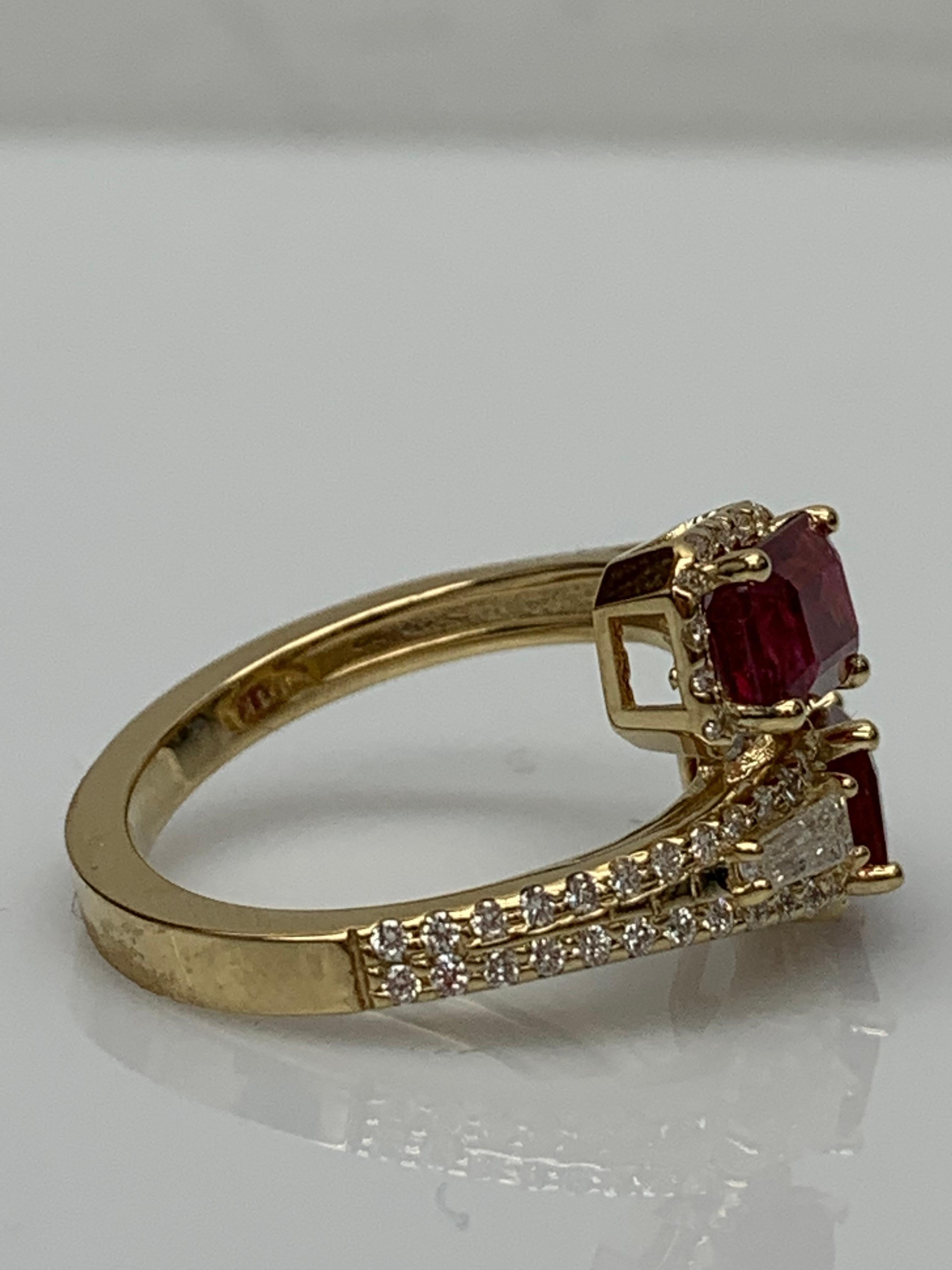 2.18 Carat Emerald Cut Ruby Diamond Toi et Moi Engagement Ring 14K Yellow Gold In New Condition For Sale In NEW YORK, NY