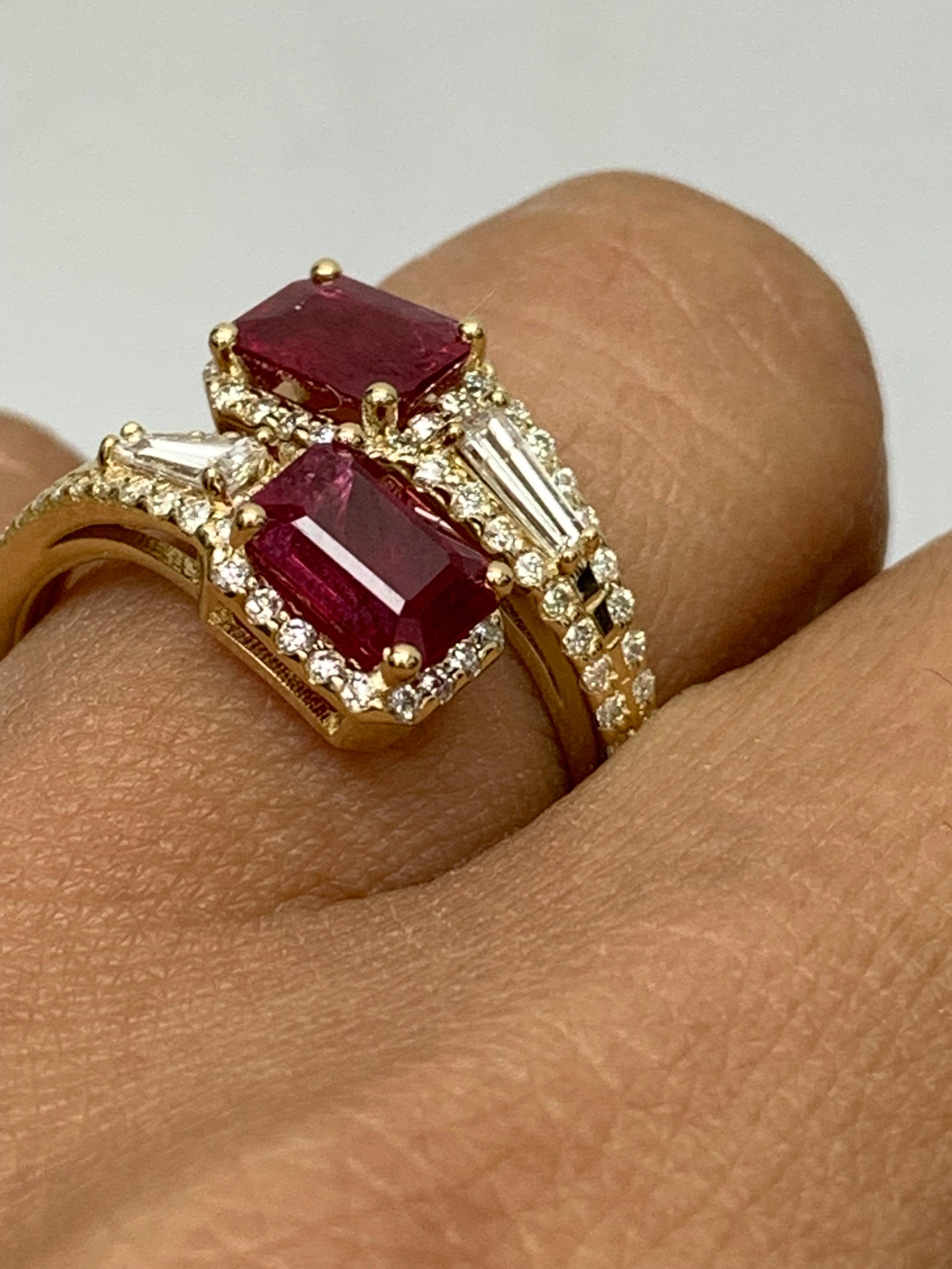 2.18 Carat Emerald Cut Ruby Diamond Toi et Moi Engagement Ring 14K Yellow Gold For Sale 1