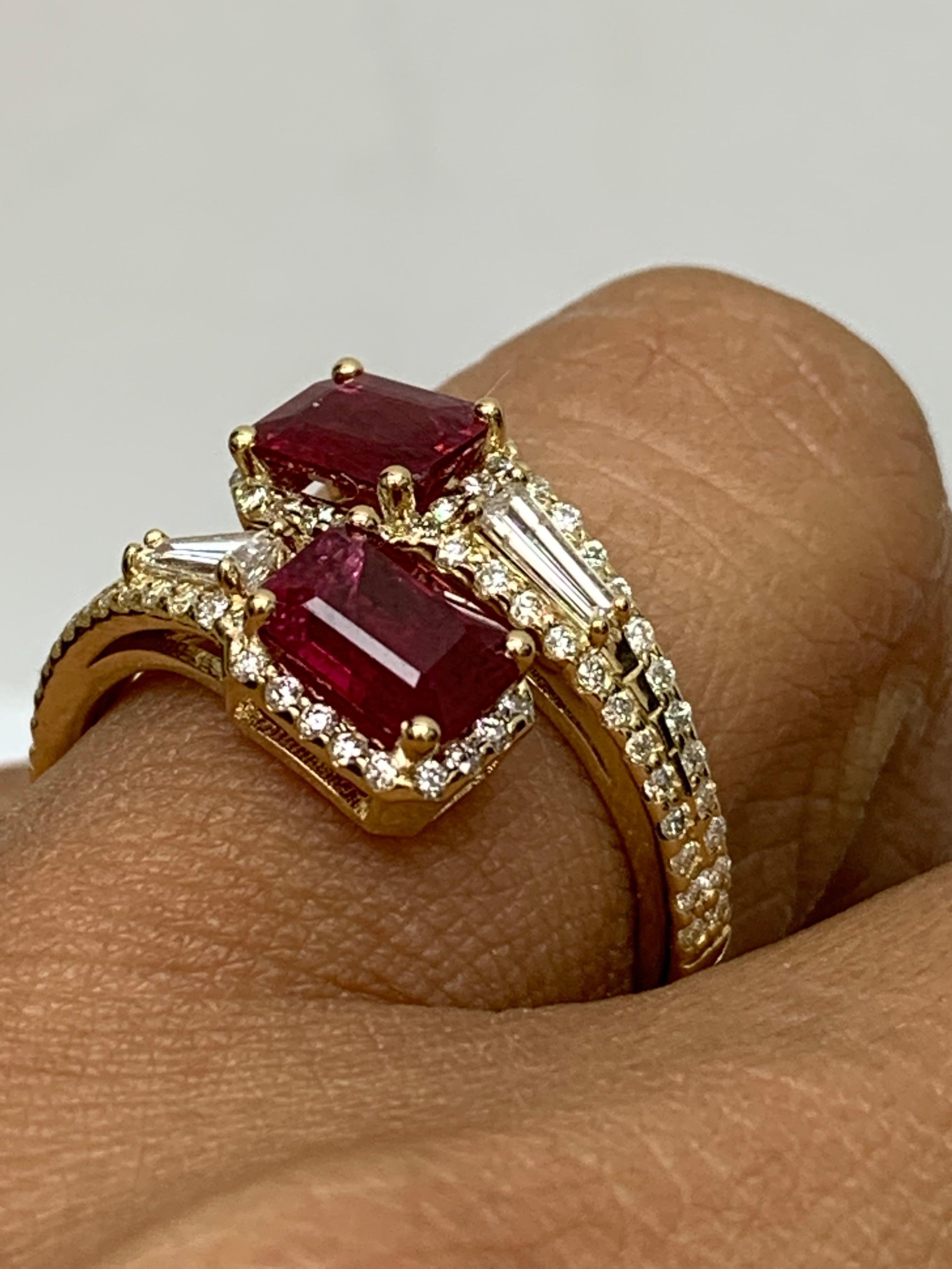 2.18 Carat Emerald Cut Ruby Diamond Toi et Moi Engagement Ring 14K Yellow Gold For Sale 2