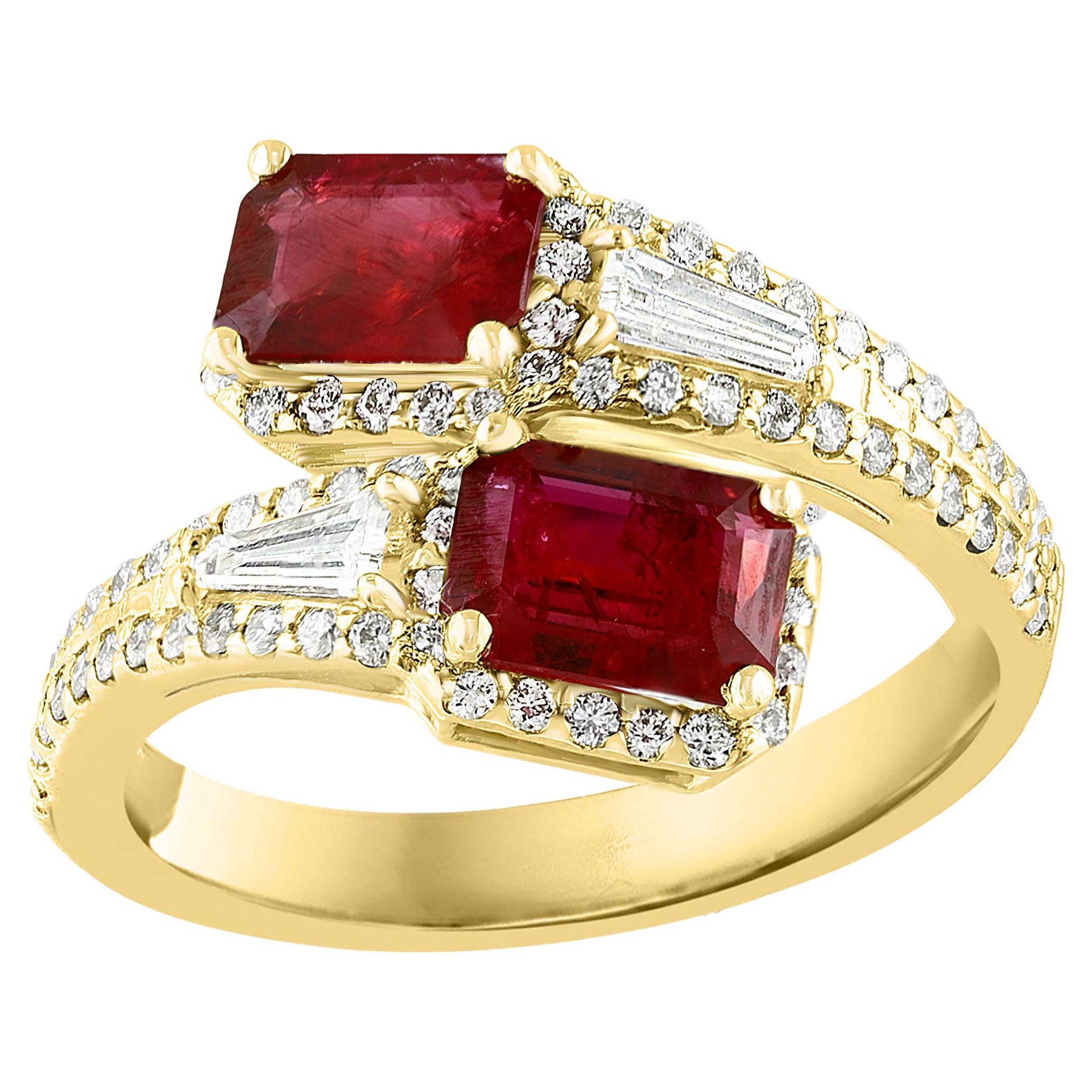 2.18 Carat Emerald Cut Ruby Diamond Toi et Moi Engagement Ring 14K Yellow Gold