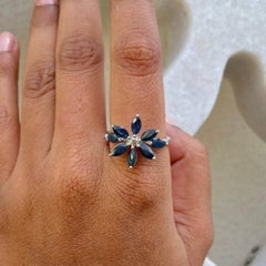 2.18 Carat Genuine Blue Sapphire Flower Ring for Fiance Gift in 925 Silver