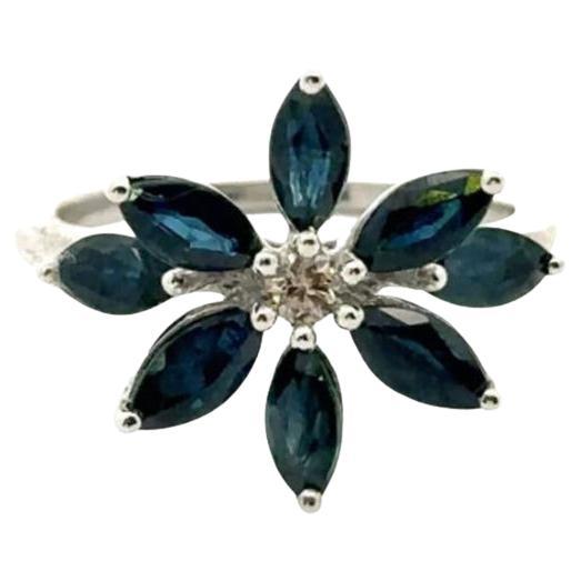 For Sale:  2.18 Carat Genuine Blue Sapphire Flower Ring for Fiance Gift in 925 Silver